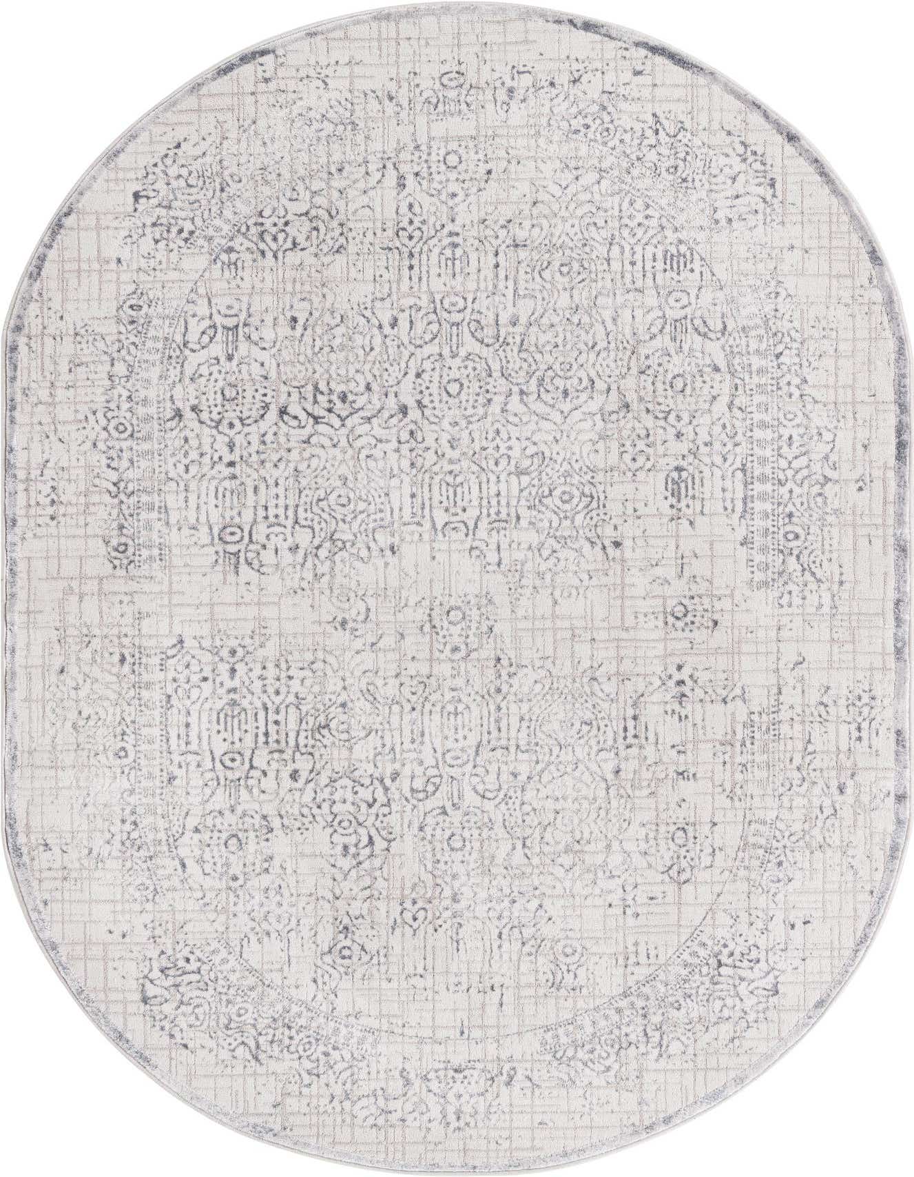 A 5' 3 x 8' 0 oval gray area rug with a vintage-inspired distressed medallion pattern and textured high-low pile.