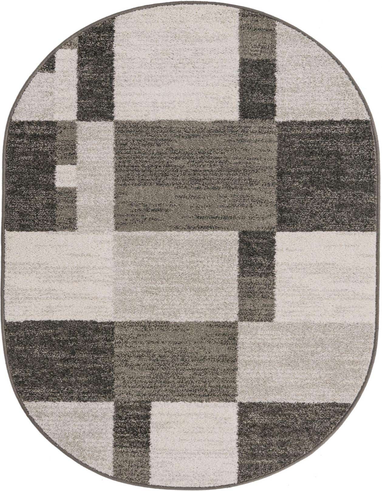 Oval gray modern rug with a geometric block pattern in varying shades of gray and silver, suitable for an indoor space.