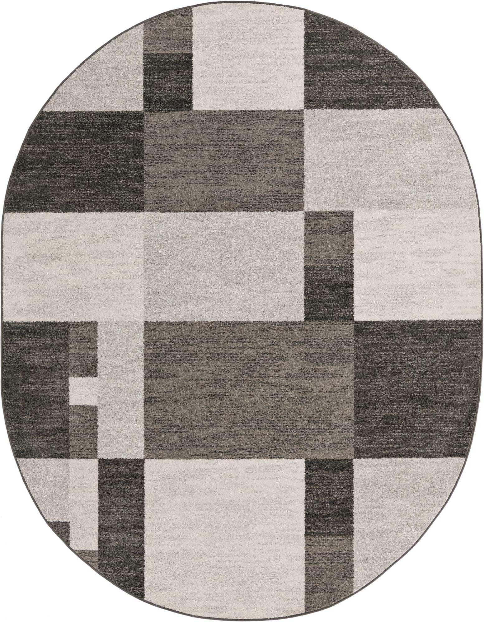 A 7' 10 x 10' 0 oval gray modern rug featuring a contemporary geometric block pattern in varying shades of gray and silver.