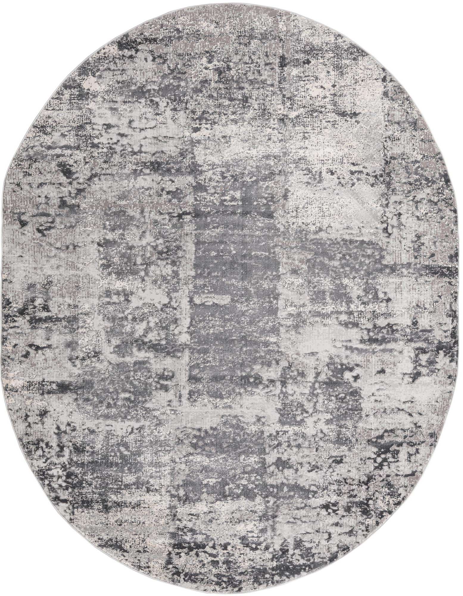 An oval 7' 10 x 10' 0 gray modern area rug with an abstract, vintage-inspired pattern and textured high/low pile.