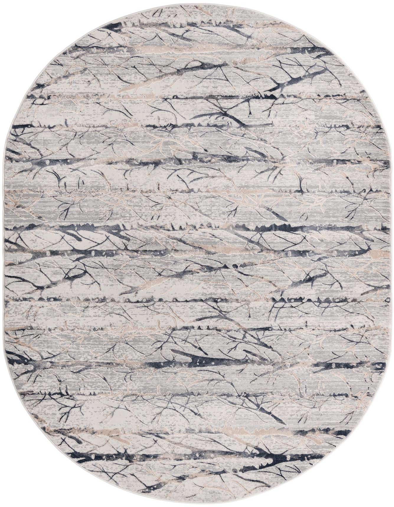5' 3 x 8' 0 oval gray and silver modern rug with abstract stripe and branch-like patterns, featuring a high/low textured pile.