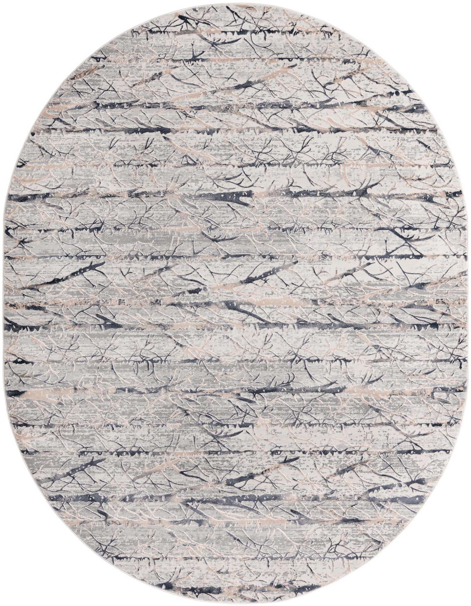 Rugs.com Finsbury 7'10 x 10'0 oval rug featuring a modern gray and silver striped pattern with textured high/low pile.