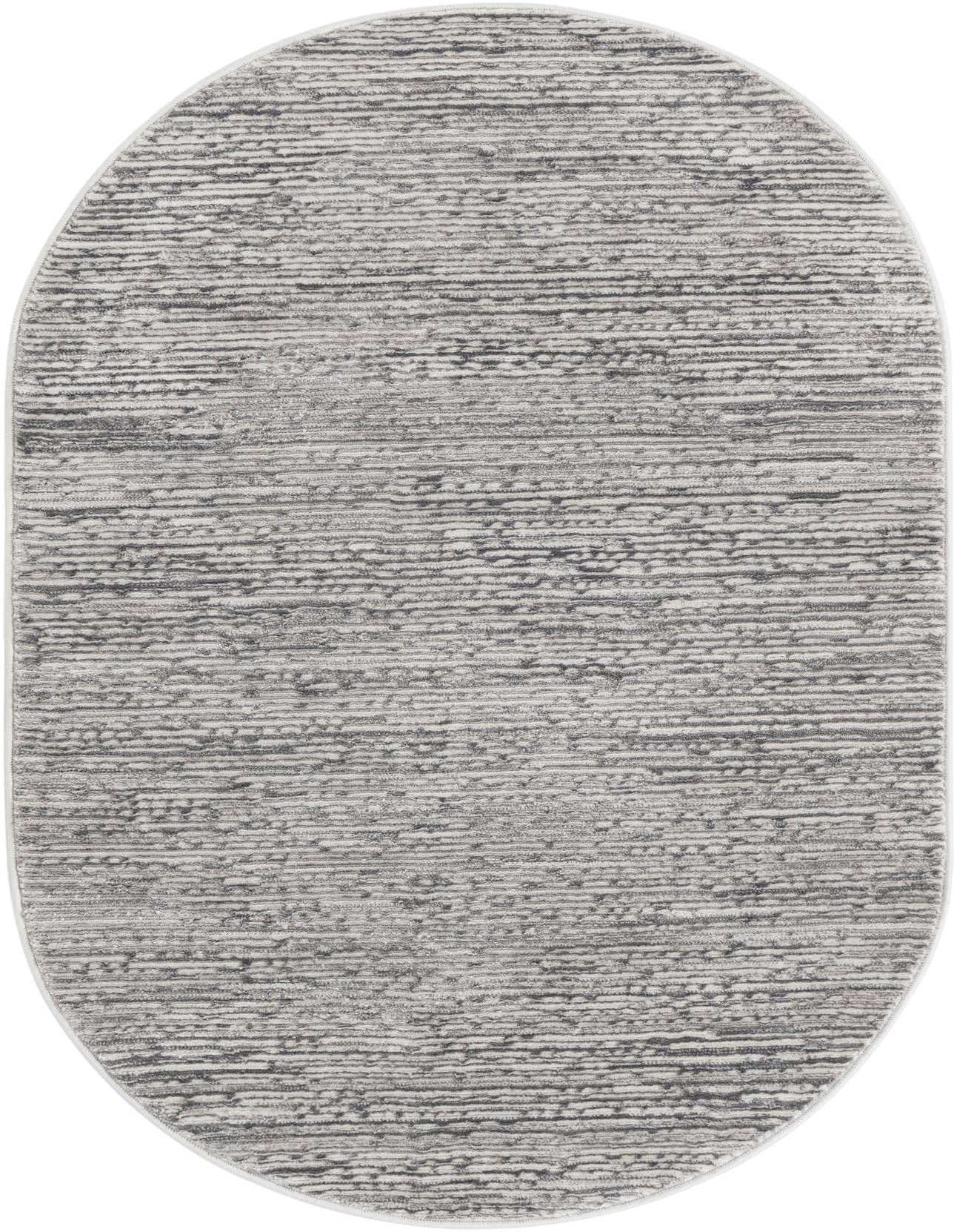 A 3' 3 x 5' 3 oval gray area rug with a textured horizontal striped pattern, suitable for a patio.