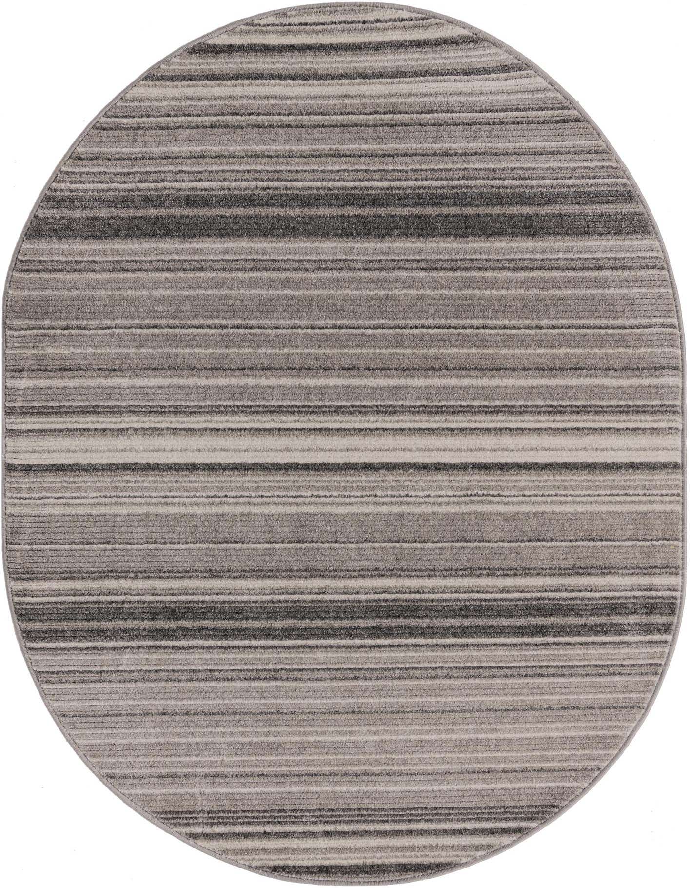 A 4' 0 x 6' 3 oval gray modern rug with horizontal stripes in varying shades of gray and silver.