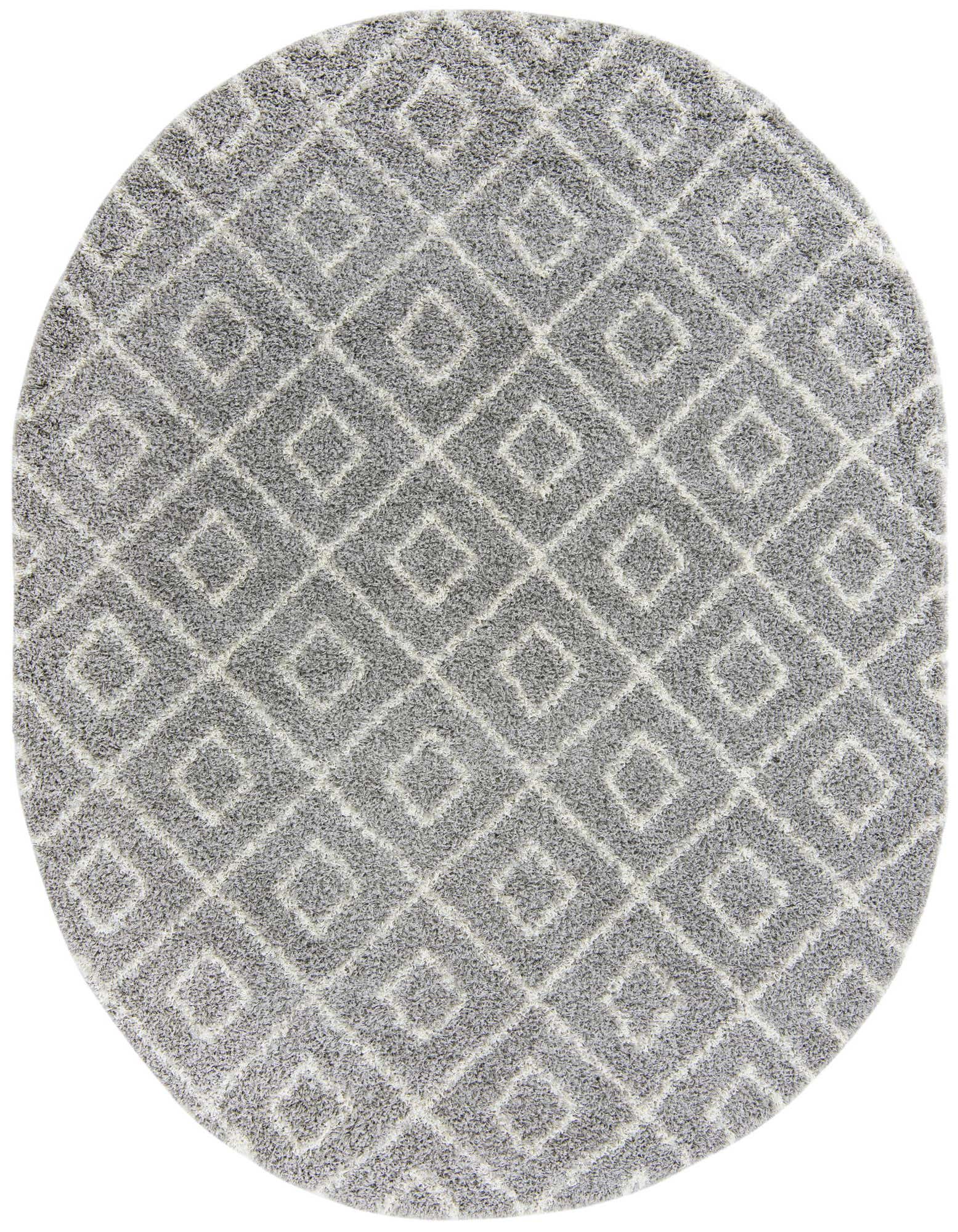 An oval gray shag rug with a modern white trellis pattern, featuring a high/low textured pile.