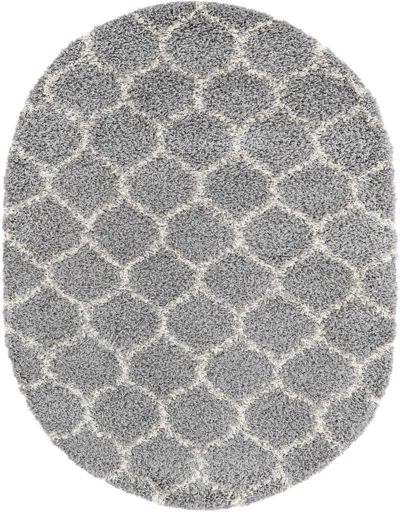 A 4'x6' oval gray shag rug with a modern white lattice pattern, featuring a textured high/low pile.