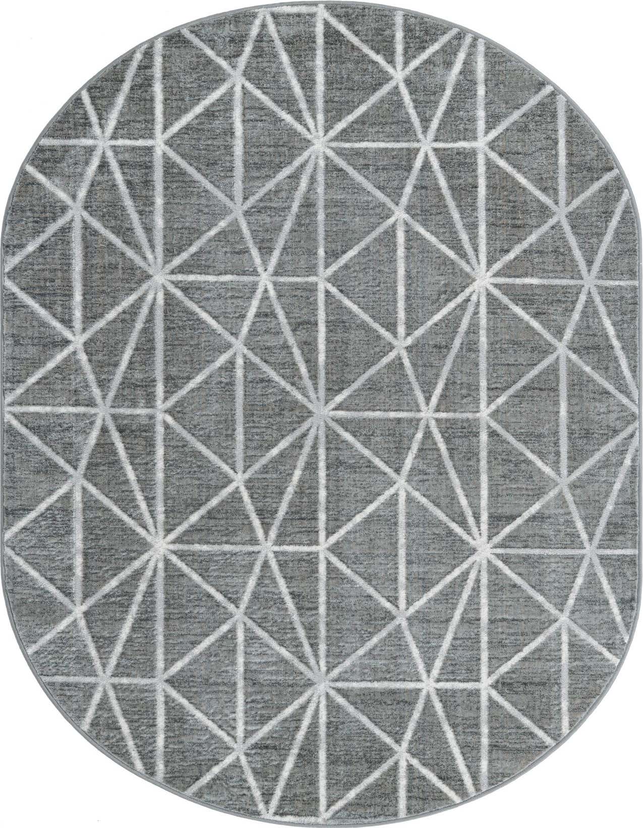 An oval gray area rug with a white geometric trellis pattern, suitable for modern or transitional indoor spaces.
