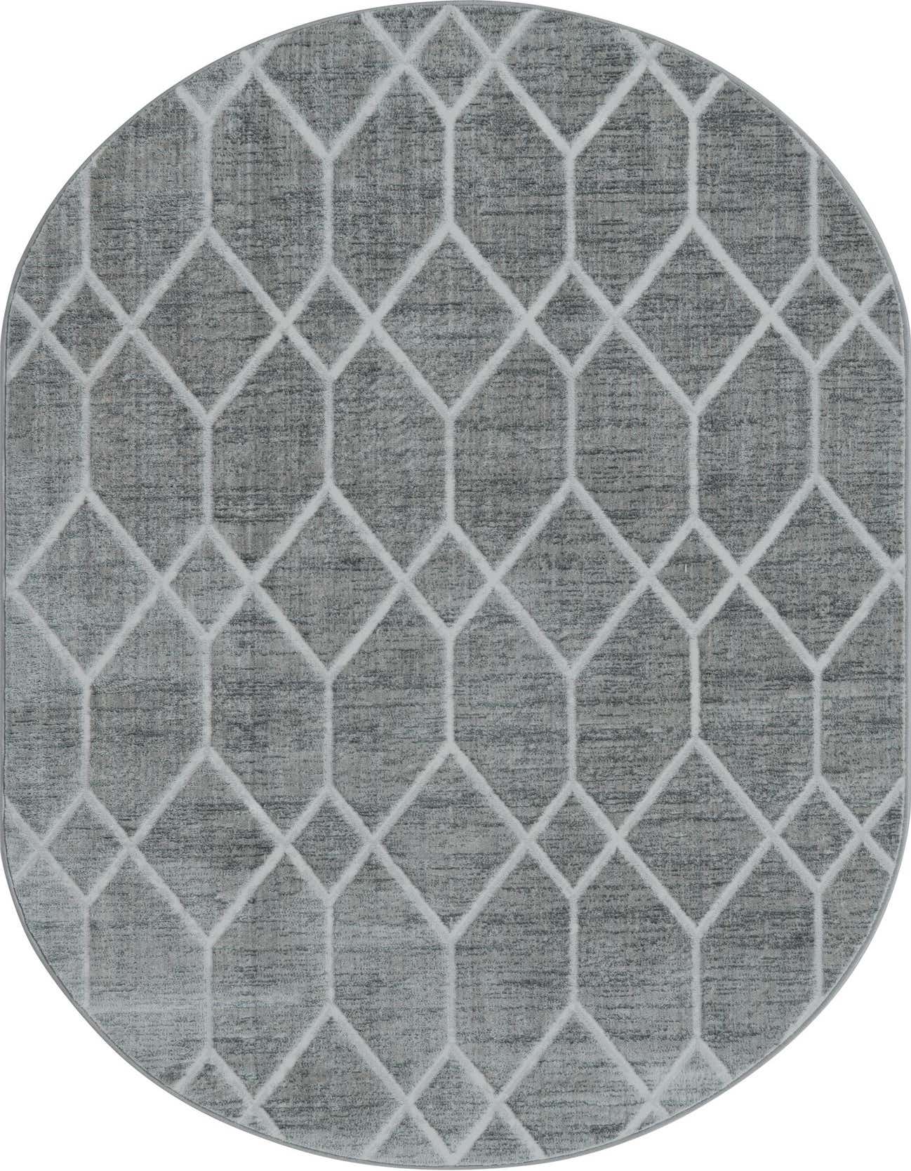 An oval gray area rug with a white geometric trellis pattern, featuring a textured pile.