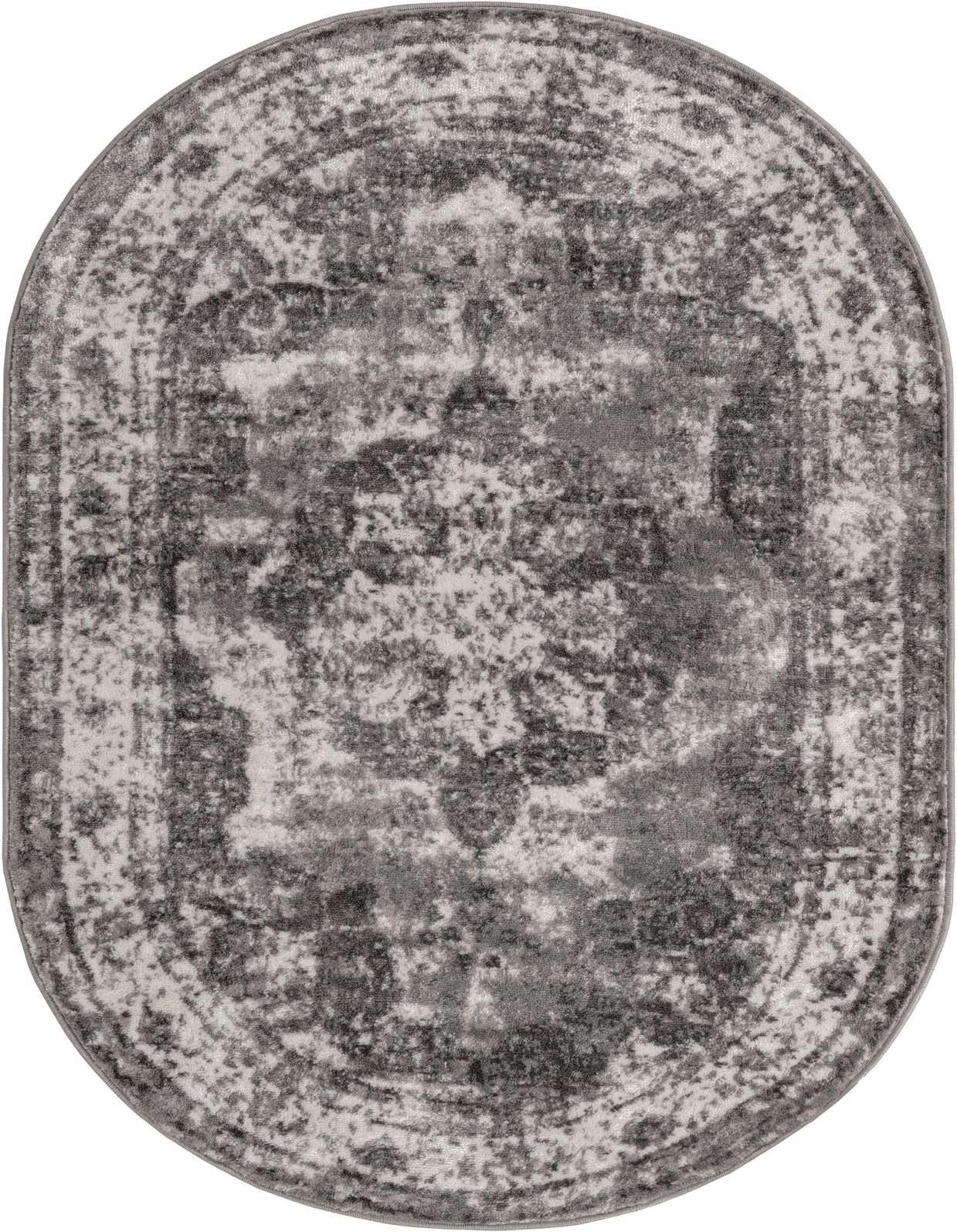 An oval 3' 0 x 5' 3 gray and silver bohemian rug with a distressed medallion pattern, suitable for indoor use.