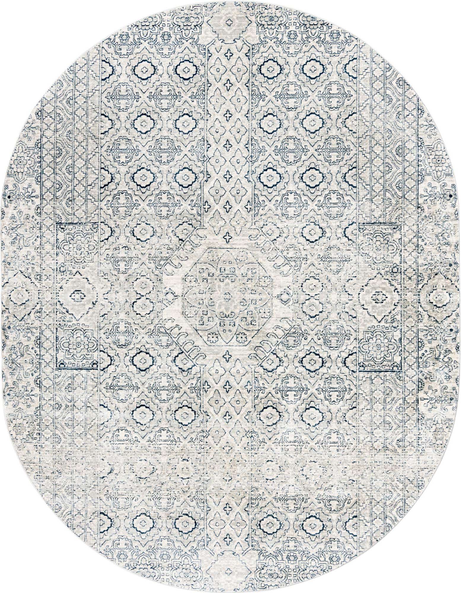 An oval 7' 10 x 10' 2 gray and silver rug with a distressed traditional medallion and tribal pattern.
