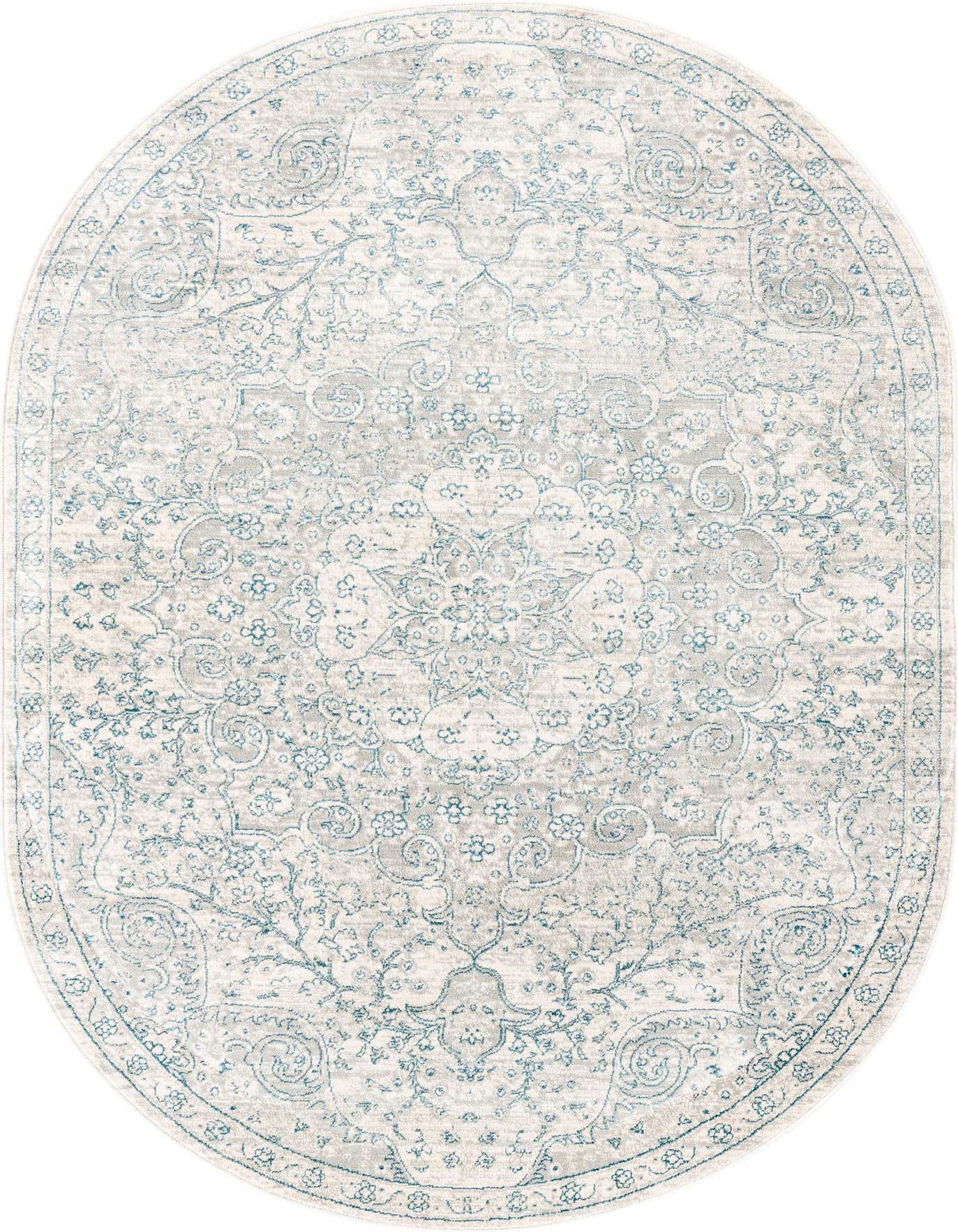 An oval 3'3" x 5'3" gray and silver rug with a faded traditional Oriental medallion pattern and intricate border.