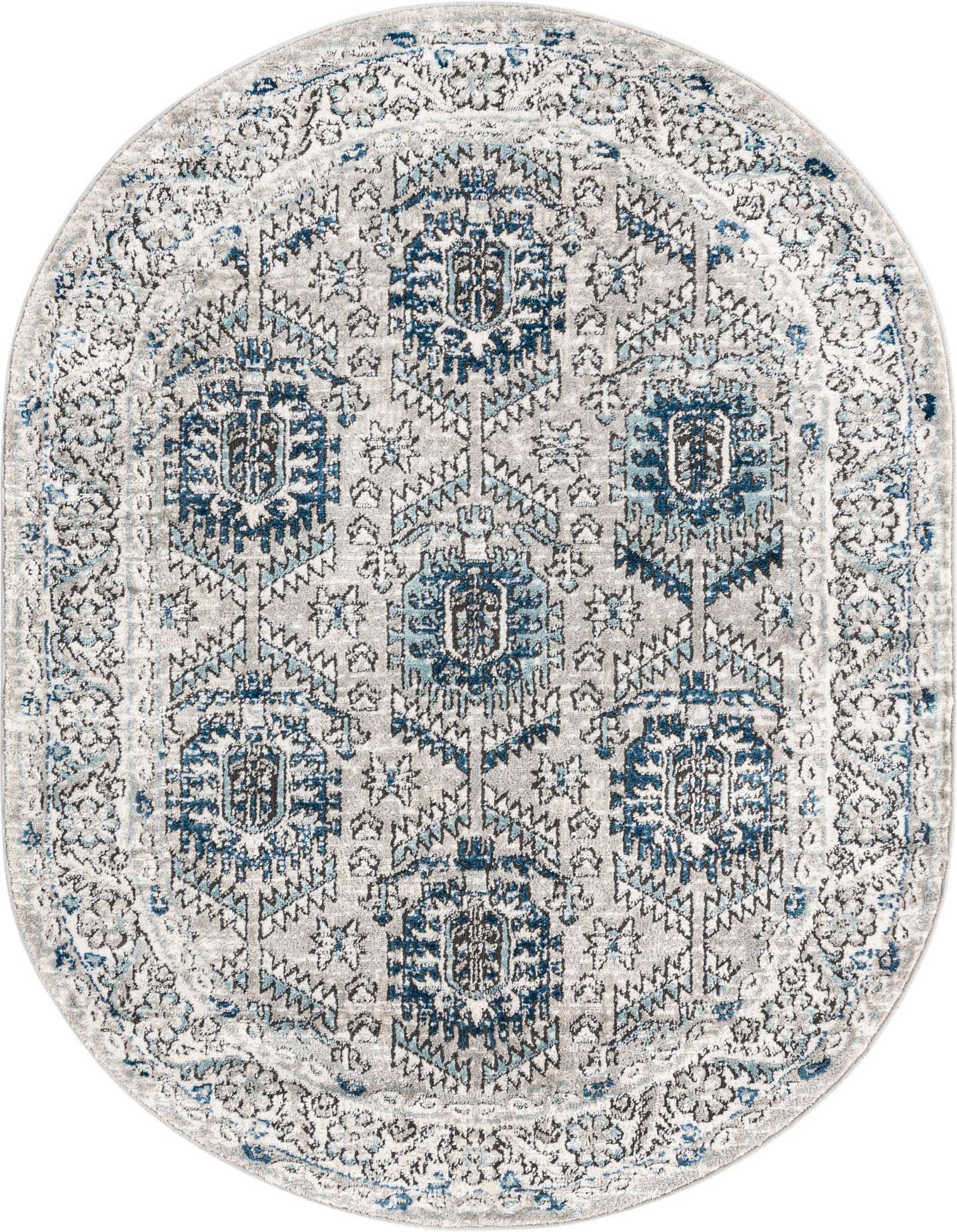 An oval 4'x6' Nyla Collection rug with a traditional medallion pattern in shades of gray, silver, and deep blue.