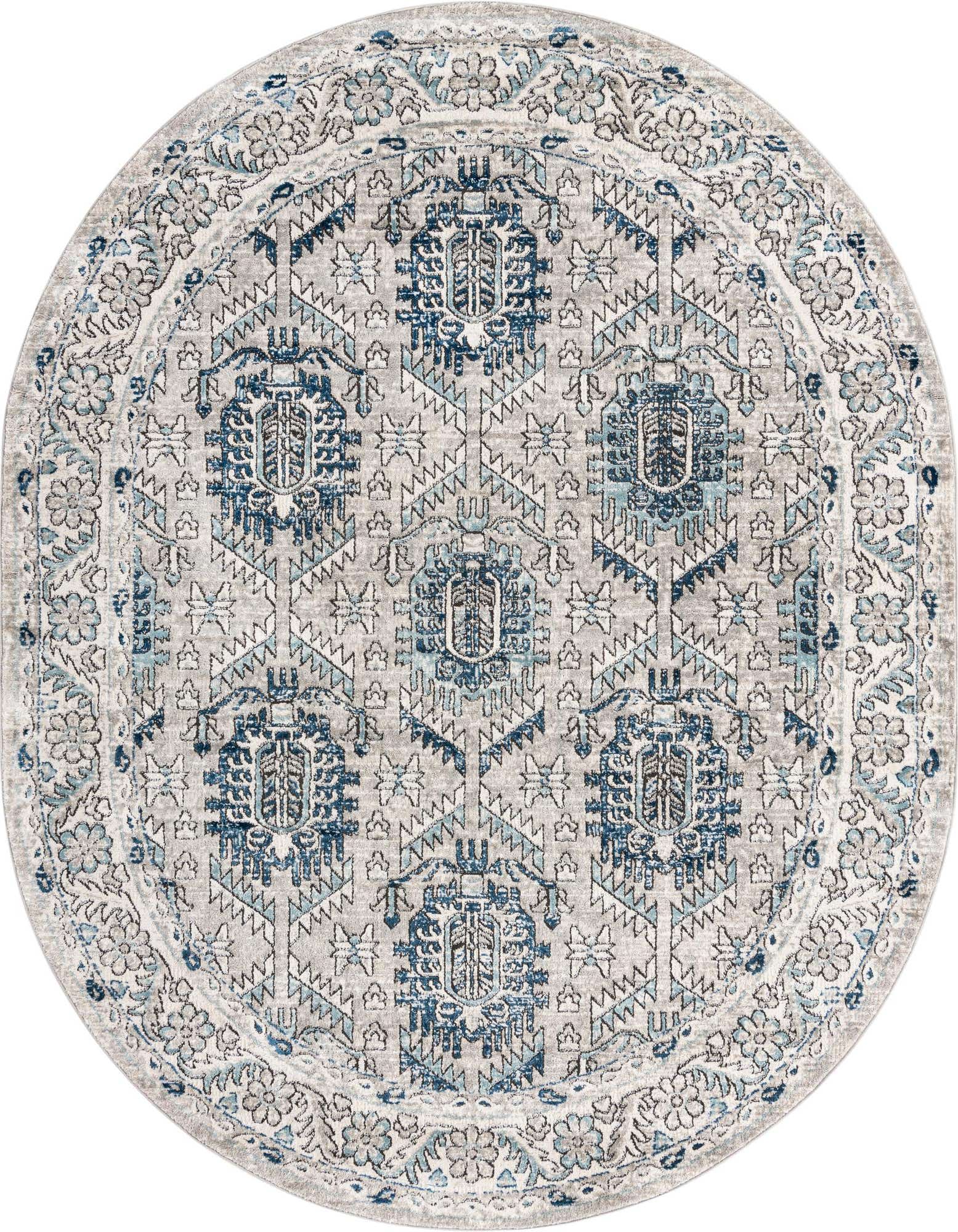 An oval 7'10" x 10'0" gray and blue traditional rug with an ornate medallion pattern and floral border.