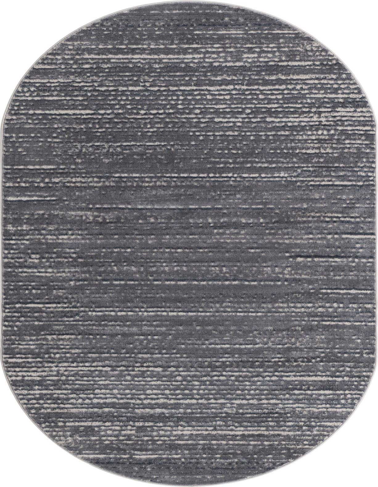 An oval 5' 0 x 8' 0 gray rug with a modern textured pattern featuring subtle silver and white horizontal lines.