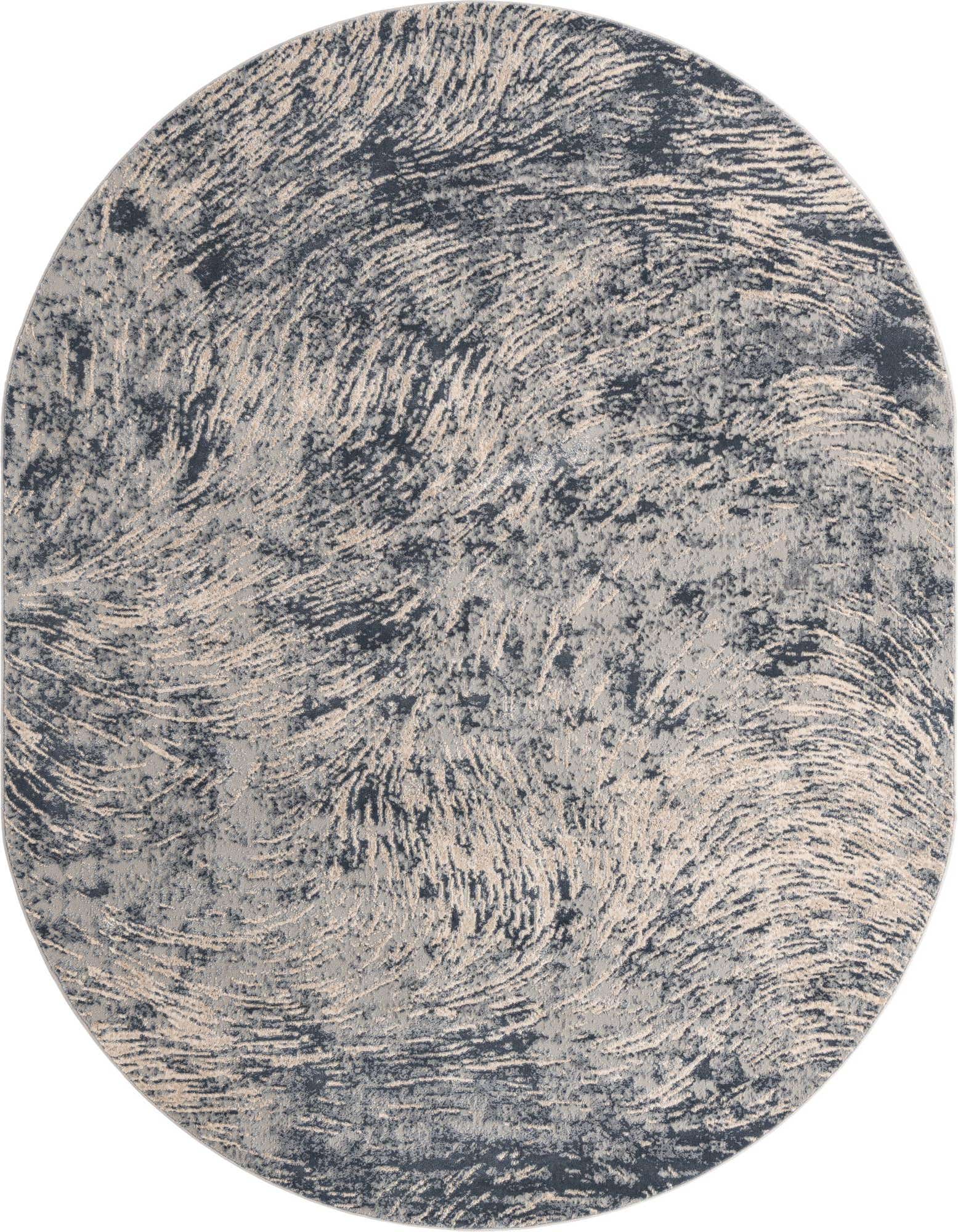 An 8' x 10' oval gray and silver coastal rug with a textured, abstract wave pattern, ideal for modern indoor spaces.