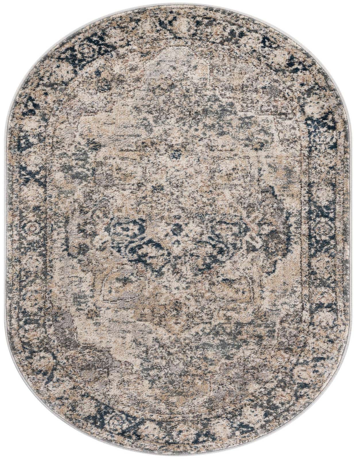 An oval 3' 1 x 5' 3 gray and silver transitional rug with an ornate medallion and border pattern.