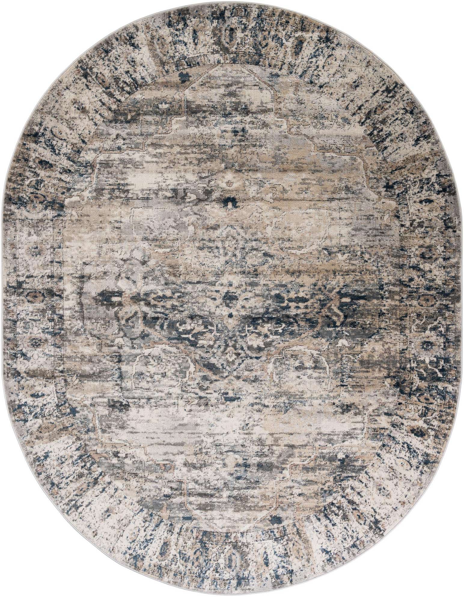 Oval gray and silver transitional rug with a distressed medallion pattern, featuring a textured pile.