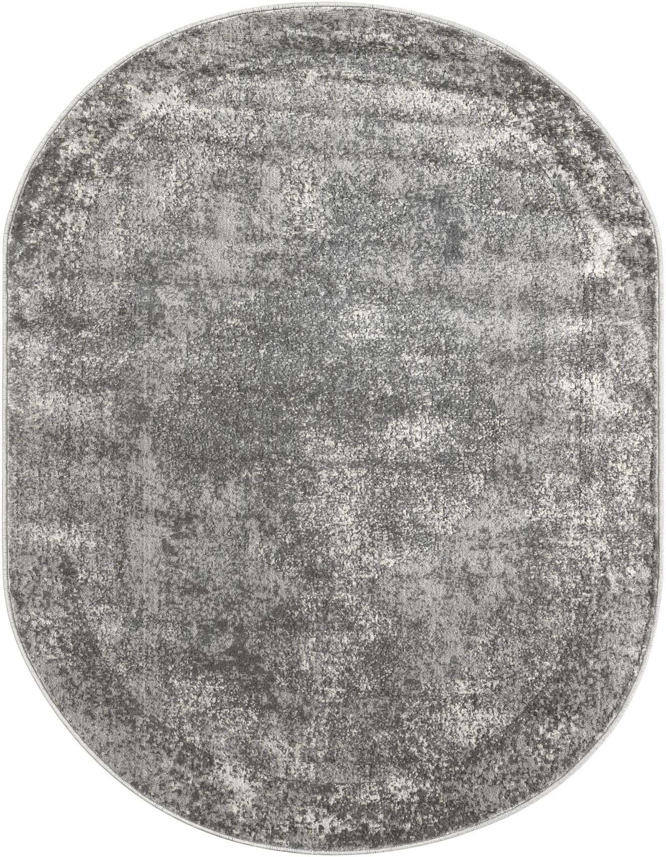 An oval 4'1" x 6'1" gray area rug with a distressed, transitional pattern and textured pile.