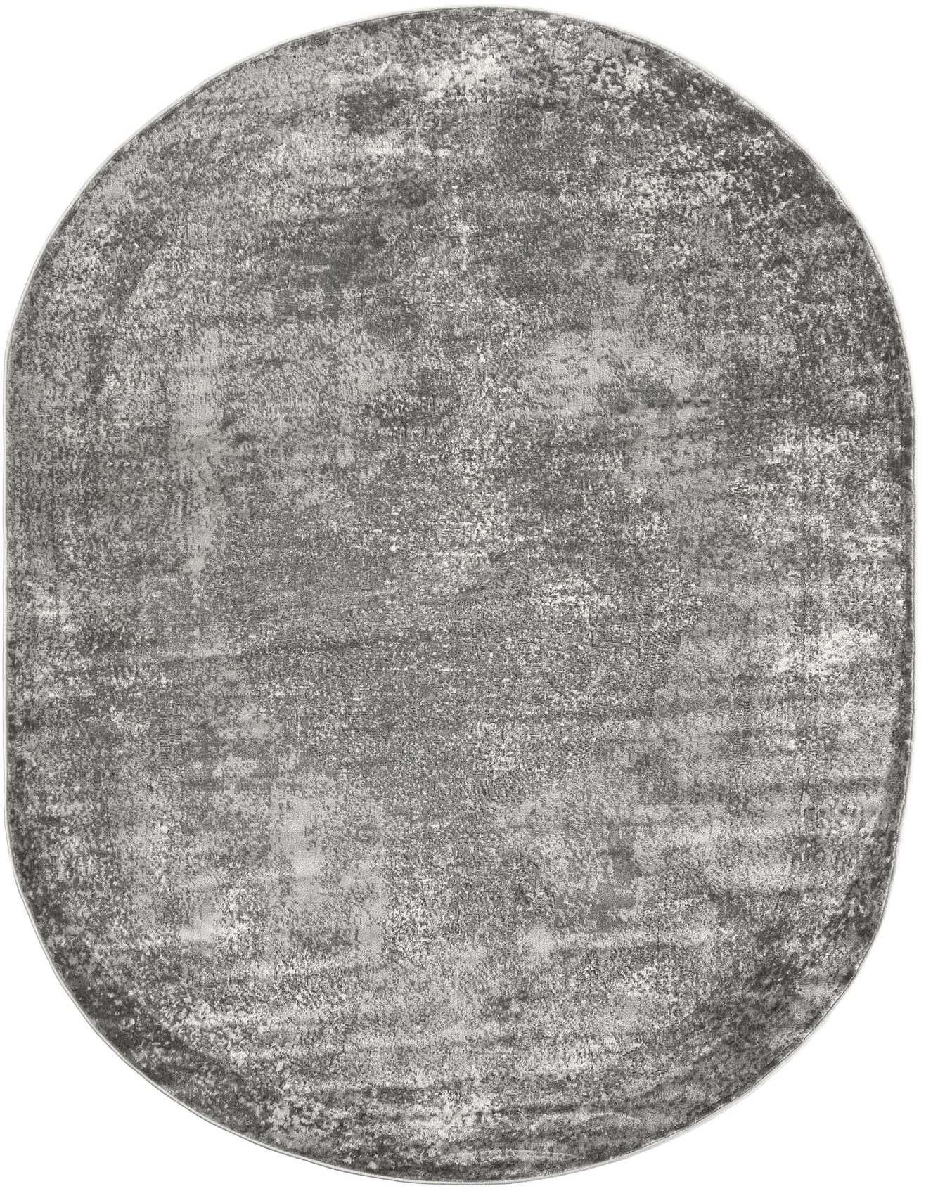 An oval 6'1" x 9'0" gray and silver transitional rug with a distressed, textured pattern, suitable for indoor spaces.