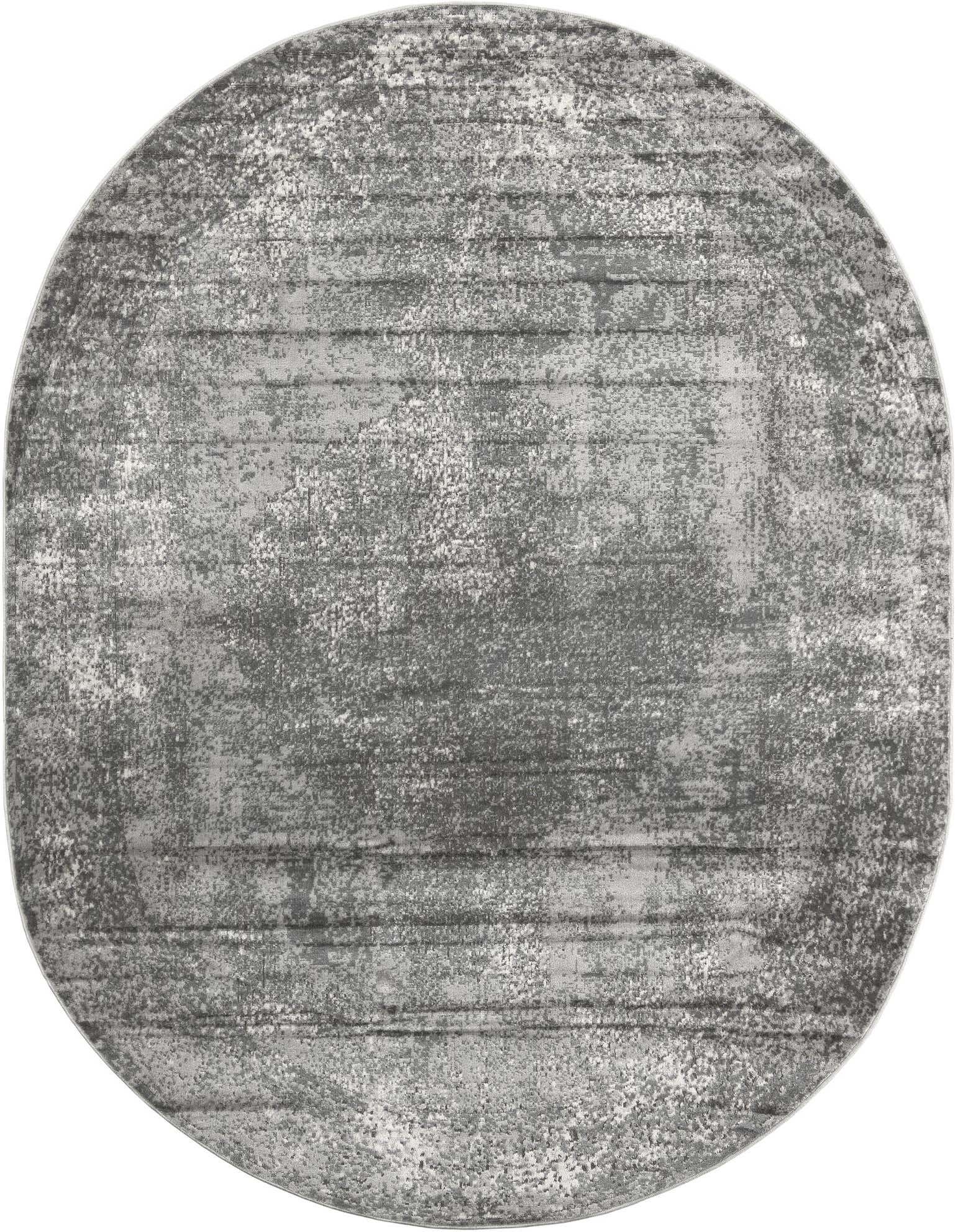 An oval 7' 10 x 10' 0 gray area rug with a distressed, textured, and transitional pattern, suitable for indoor use.