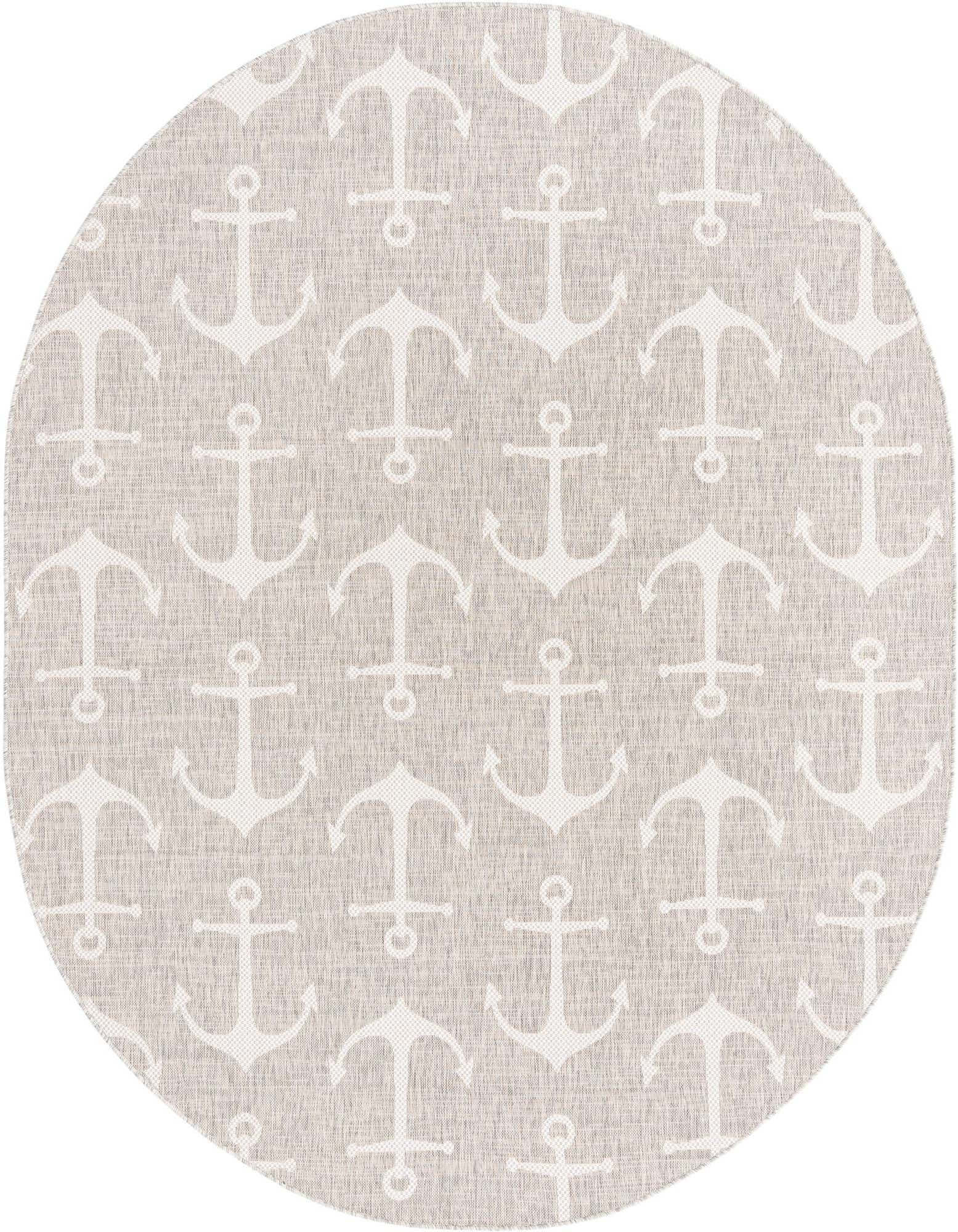 An oval 7'10" x 10'0" gray indoor/outdoor rug with a repeating white anchor pattern, ideal for a patio.