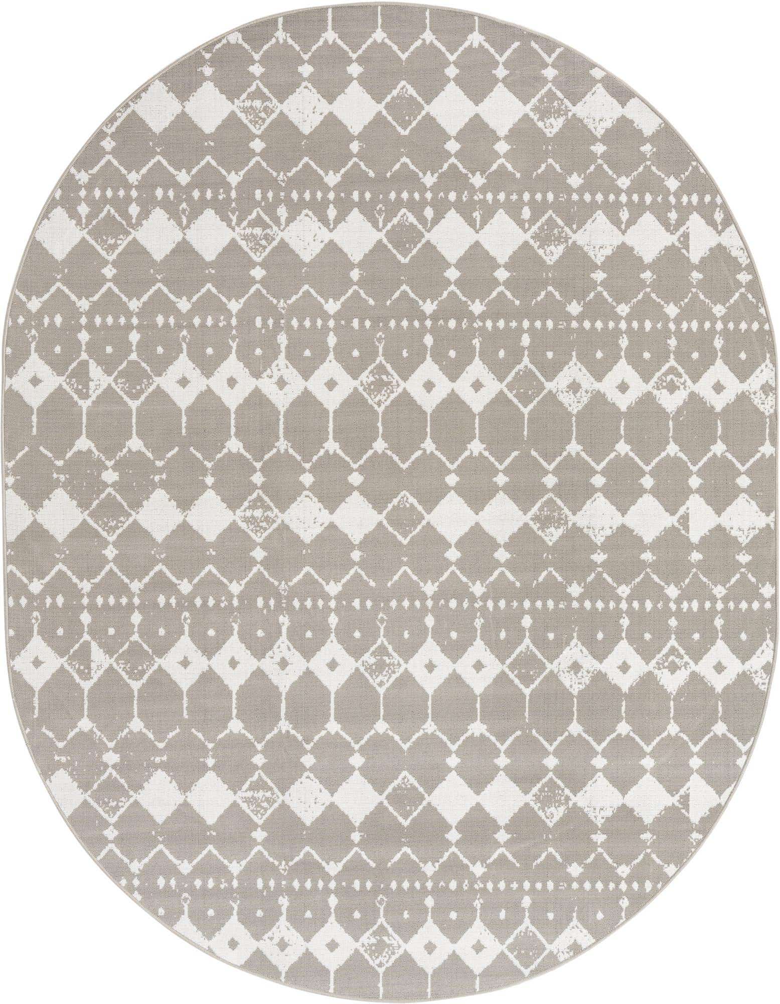 An oval 7' 10 x 10' 0 gray and white indoor/outdoor rug with a modern trellis pattern, suitable for a patio.