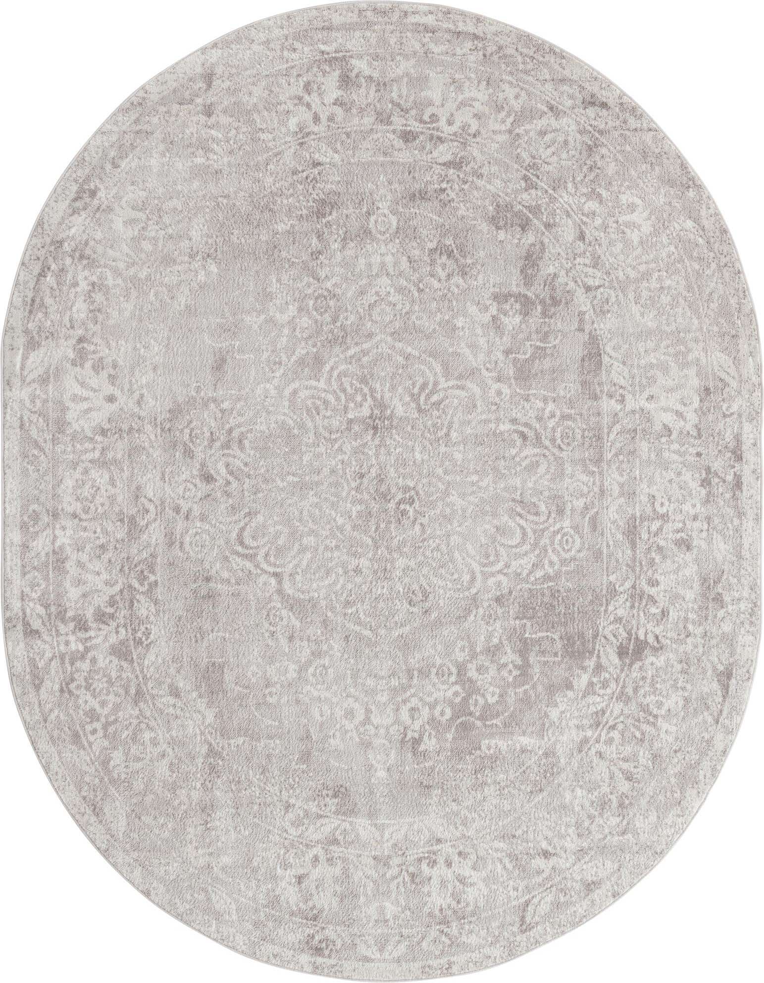 An oval 7' 10 x 10' 0 gray rug with a distressed traditional medallion and floral pattern, suitable for an indoor living space.