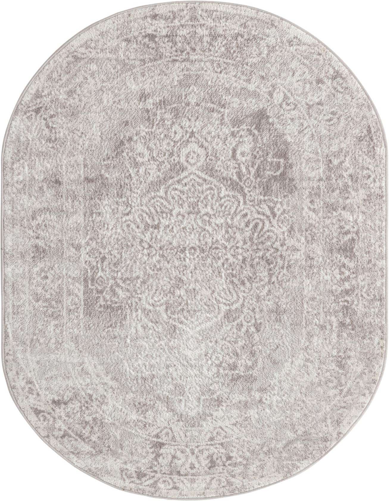 A 4'x6' oval gray and silver traditional rug with a vintage medallion pattern, suitable for indoor use.