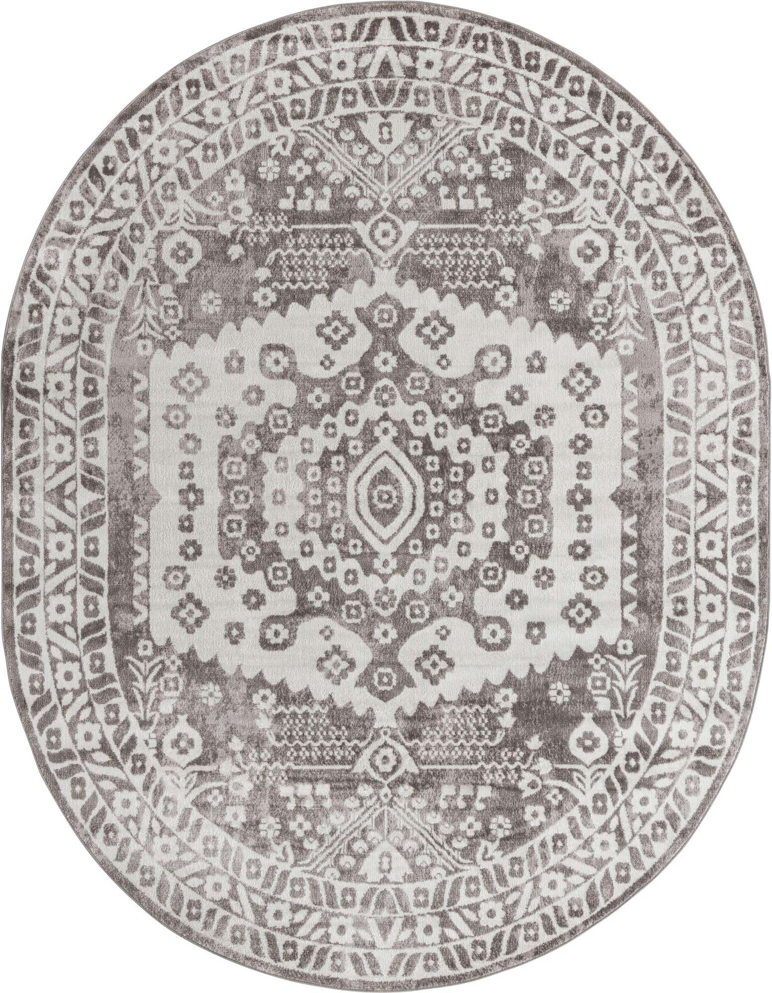 An 8' x 10' oval gray and silver bohemian rug with a distressed medallion pattern and ornate border.
