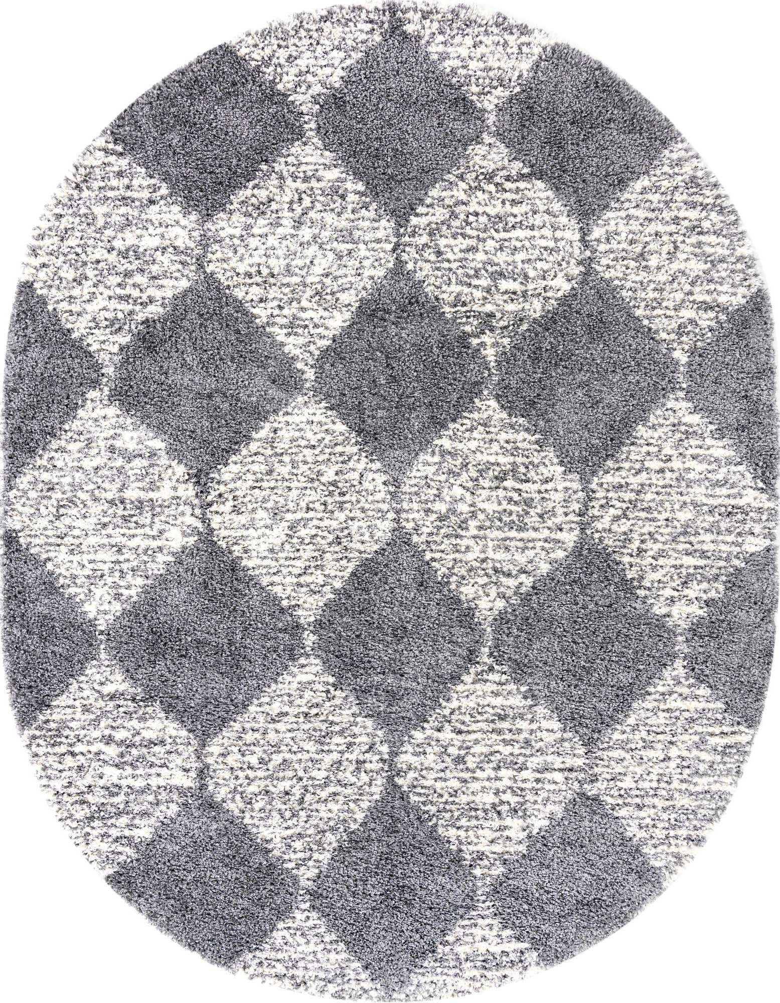 An oval gray and silver shag rug with a modern trellis pattern, featuring alternating light and dark diamond shapes.