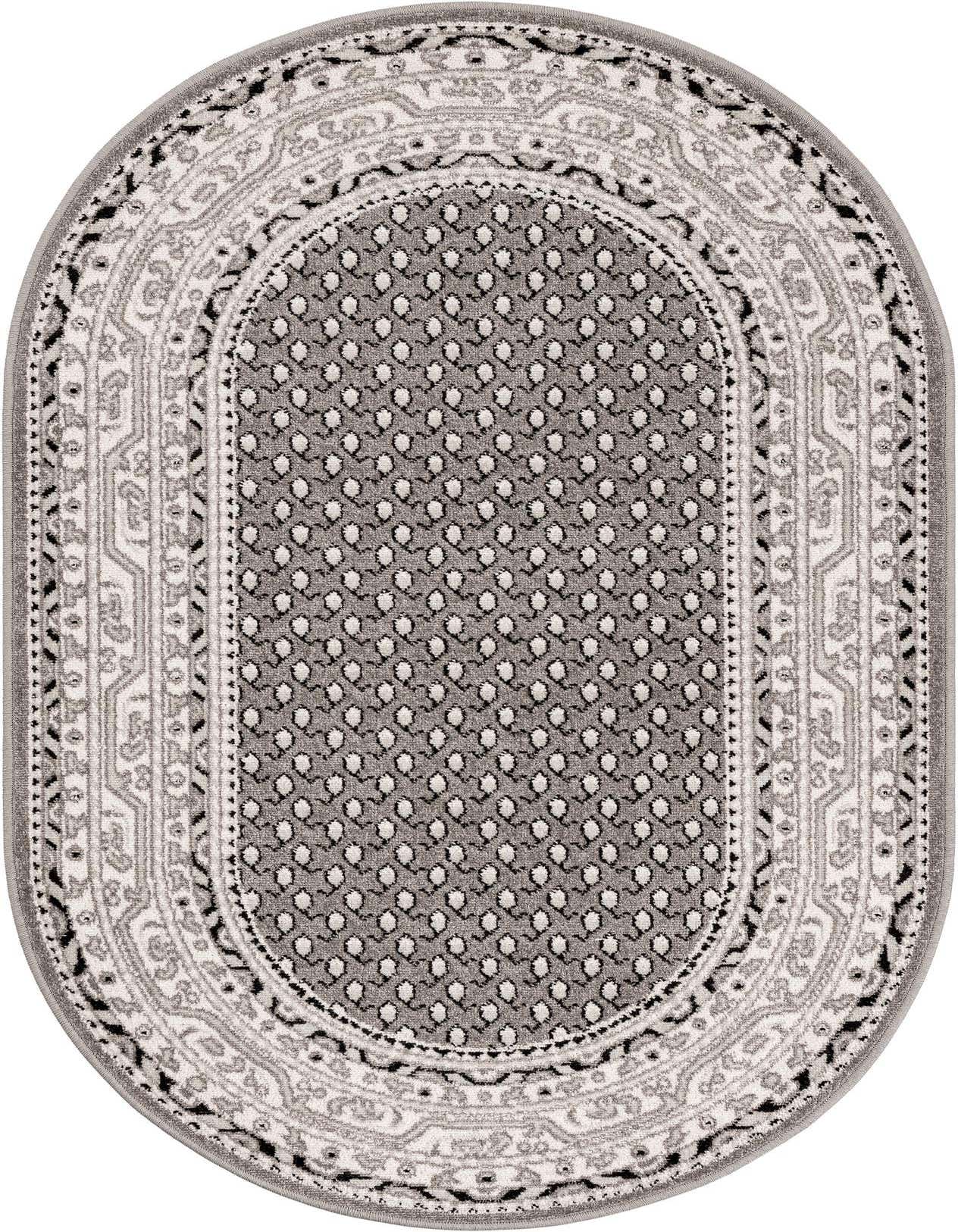 A 3' 3 x 5' 3 oval gray transitional rug with a central dotted pattern and an intricate border design.