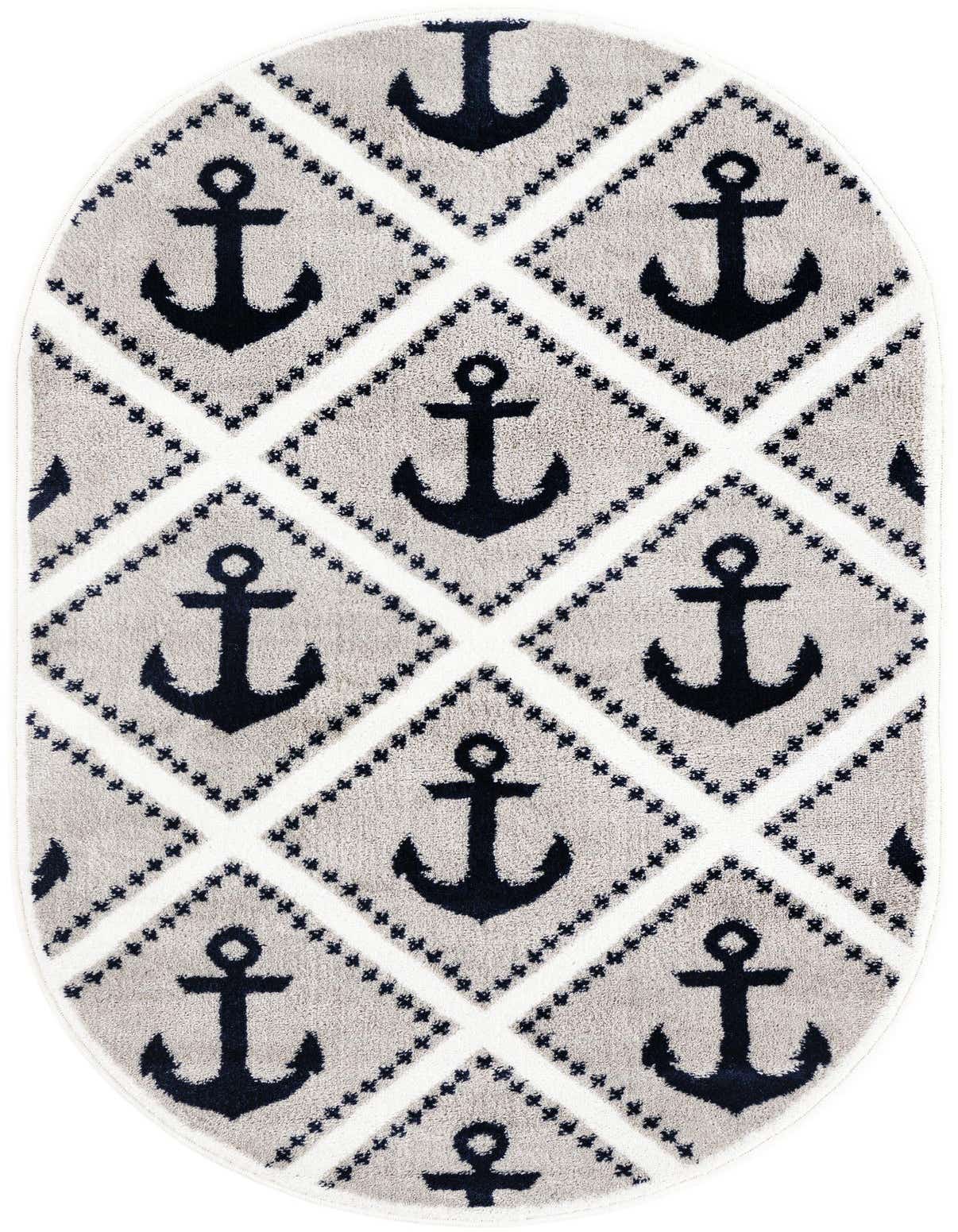 Oval gray and white rug with a repeating pattern of navy blue anchors inside diamond shapes, suitable for a nautical or modern room.