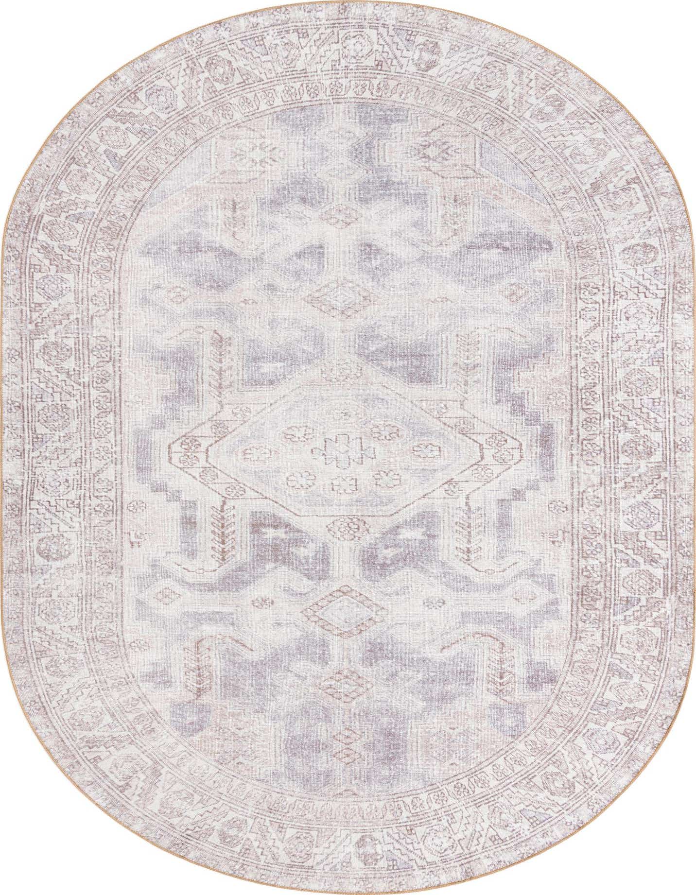 A 7' 6 x 10' 6 oval gray area rug with a faded transitional medallion pattern and a decorative border.