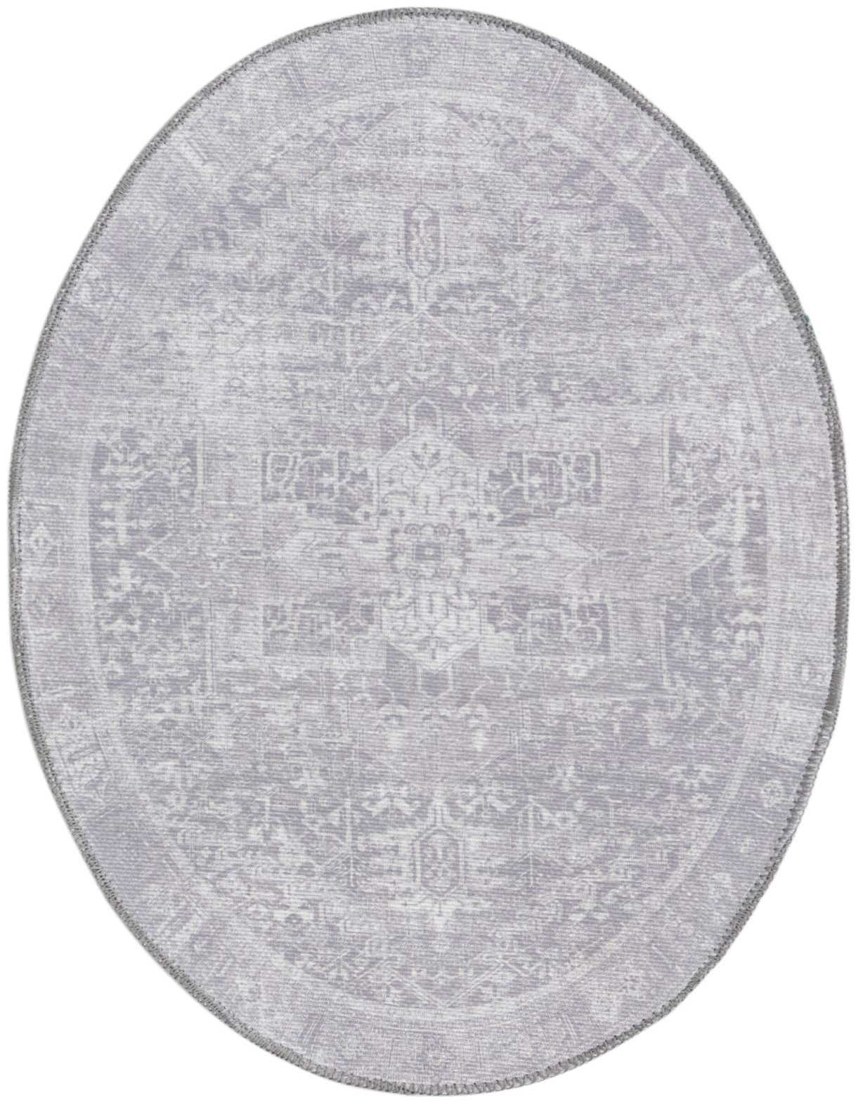 A 2'x3' oval gray transitional rug with a distressed medallion pattern and flatweave texture.
