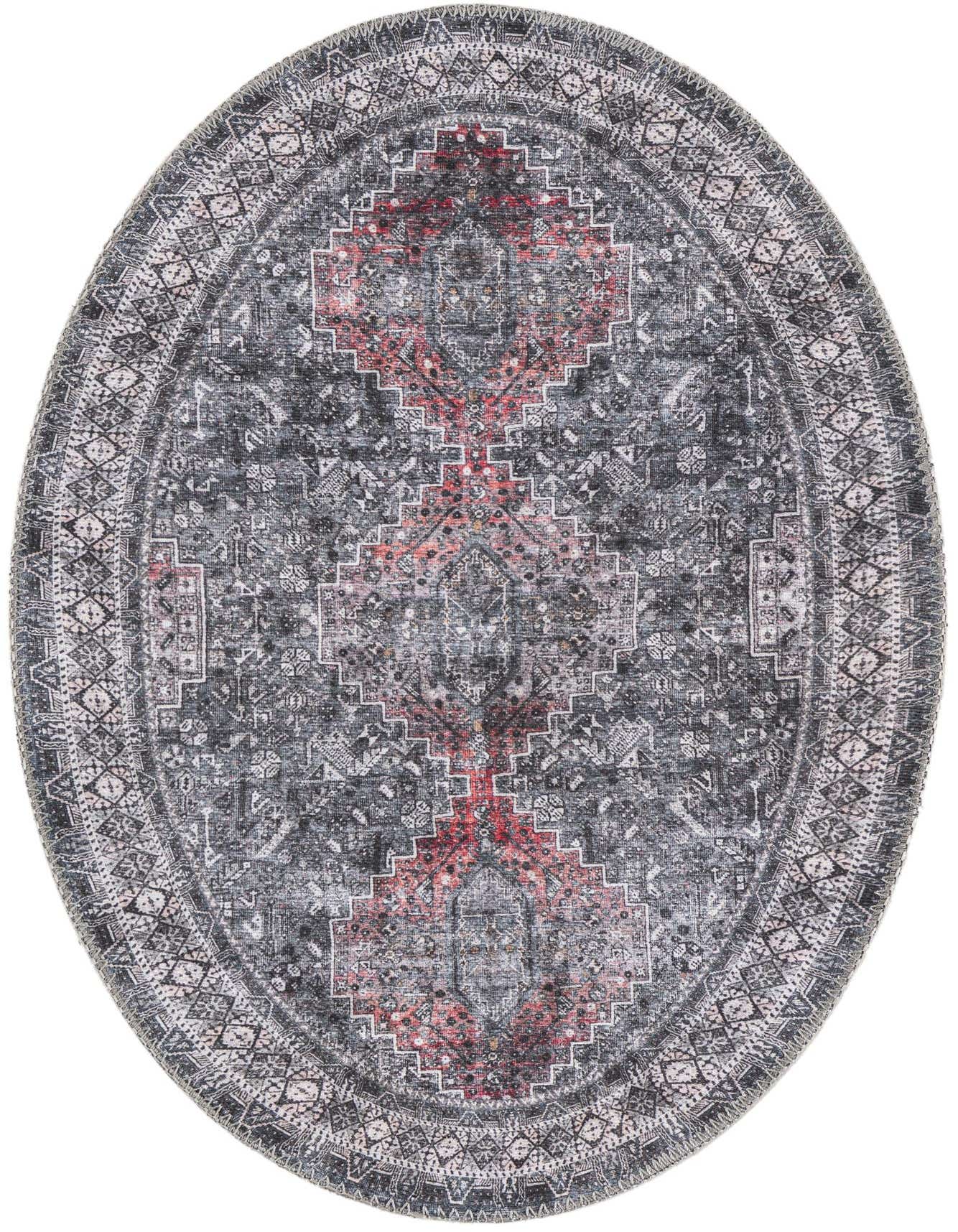 An oval 2' x 3' gray and silver oriental rug with a distressed red medallion pattern, suitable for indoor spaces.