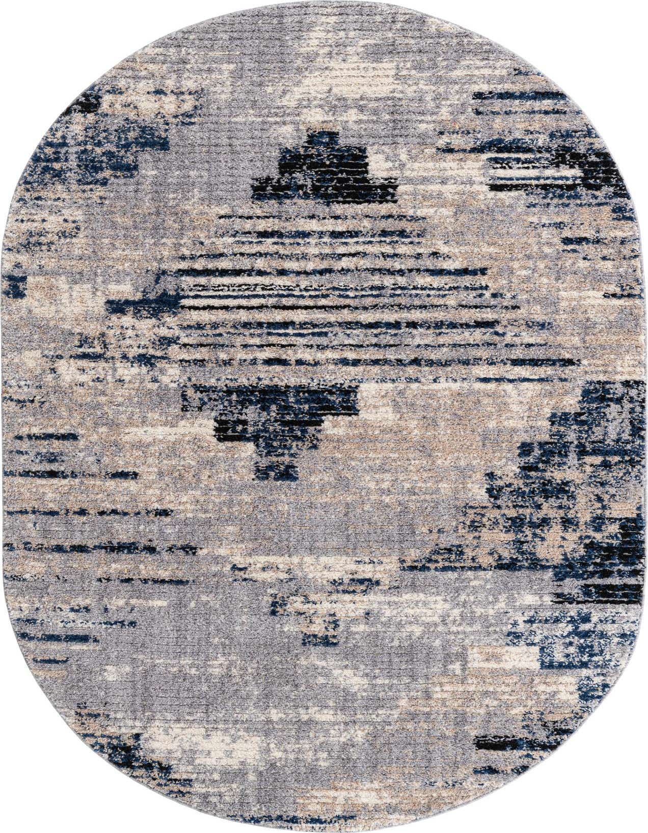 An oval 5' 0 x 8' 0 gray modern abstract shag rug with distressed navy blue and beige accents.