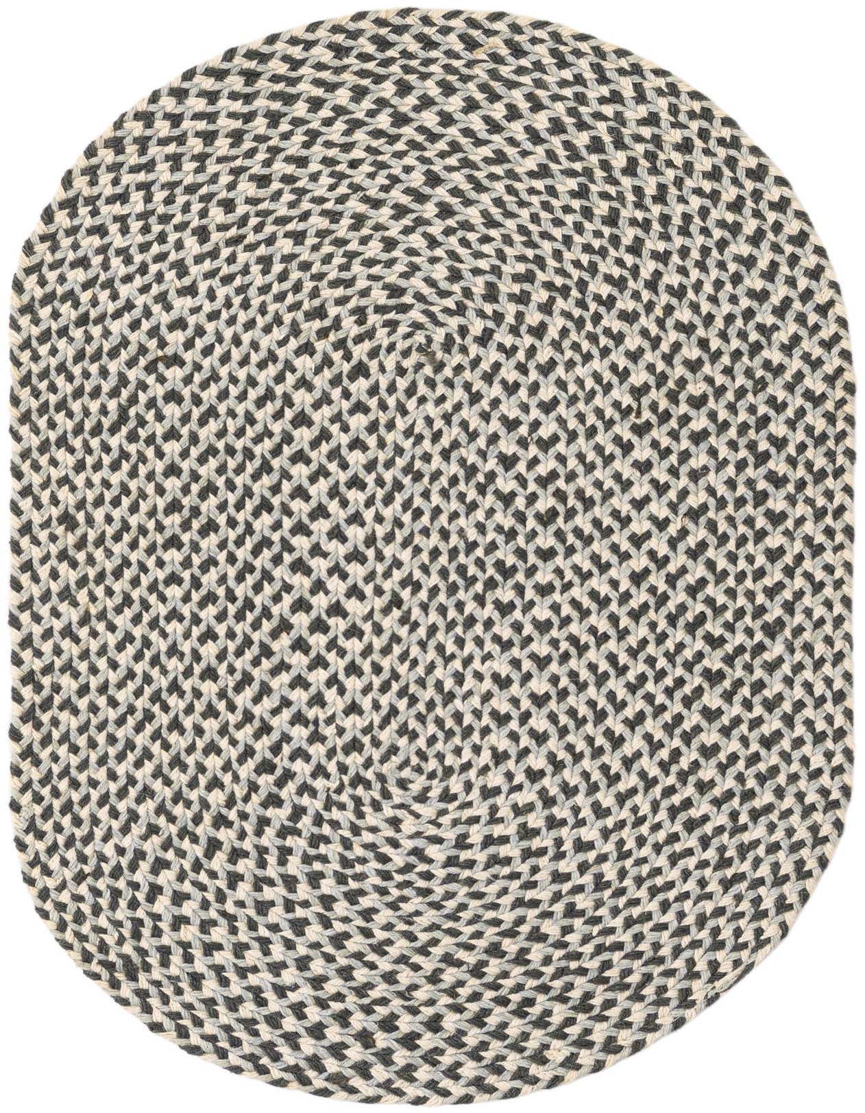 A 2' x 3' oval braided jute rug in shades of gray and silver, perfect for a patio.
