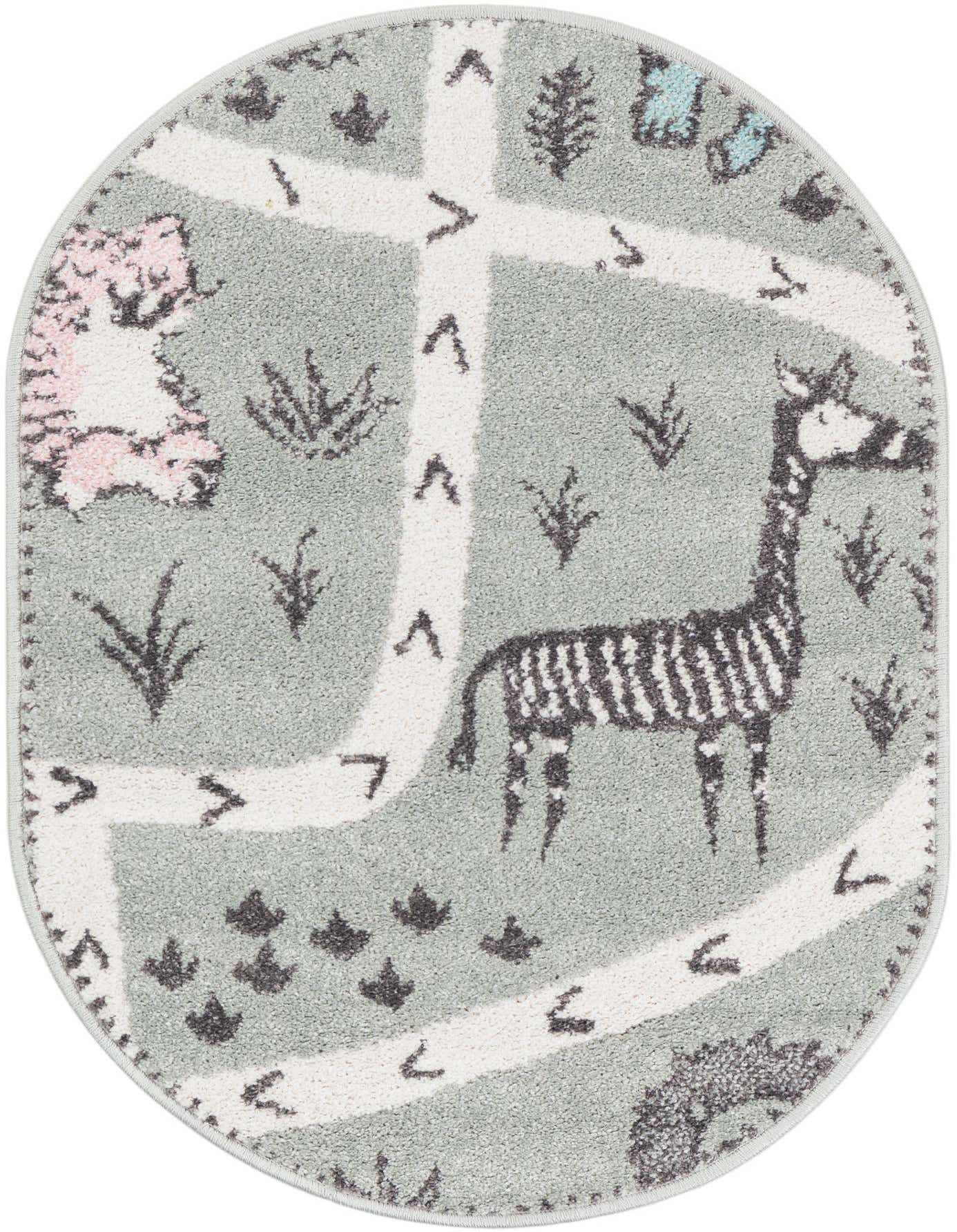 An oval gray rug with a playful safari animal pattern, featuring a zebra, lion, and trees, ideal for a child's room.