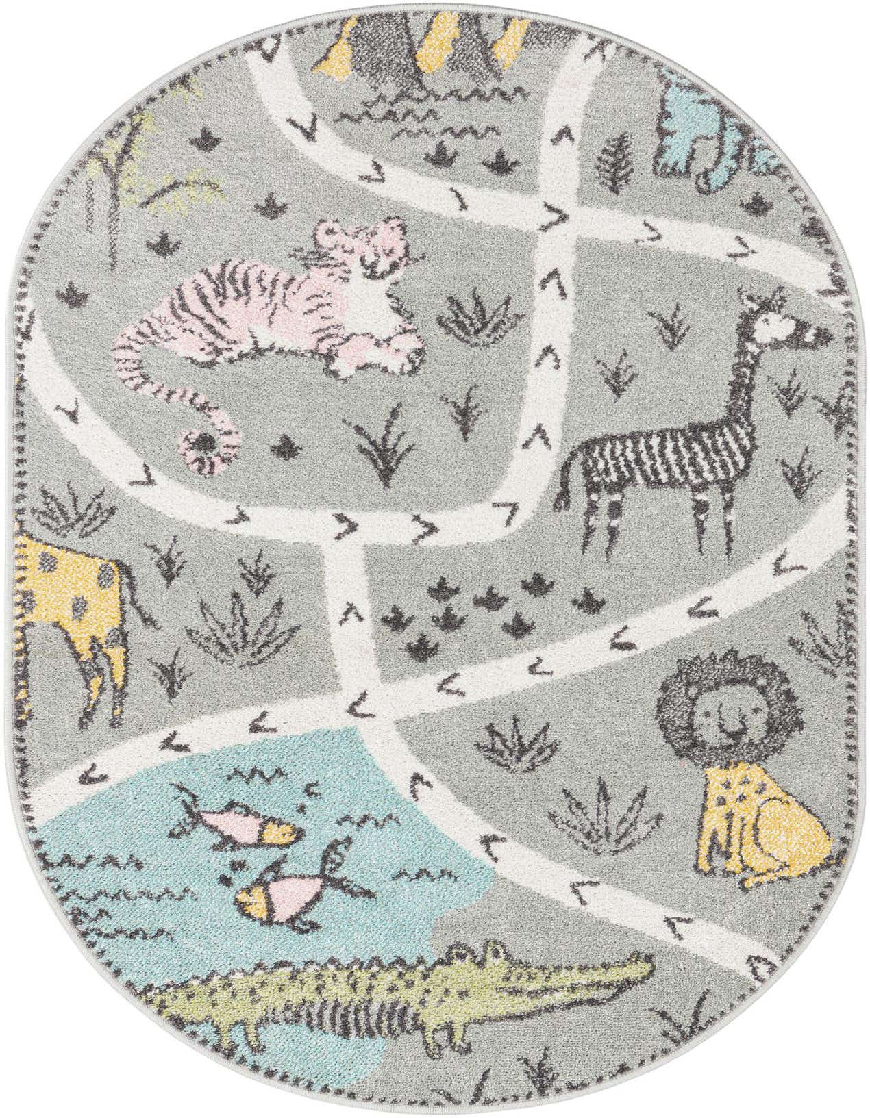 Oval gray kids' rug with a playful safari animal map design, featuring a pink tiger, zebra, giraffe, lion, alligator, and fish.