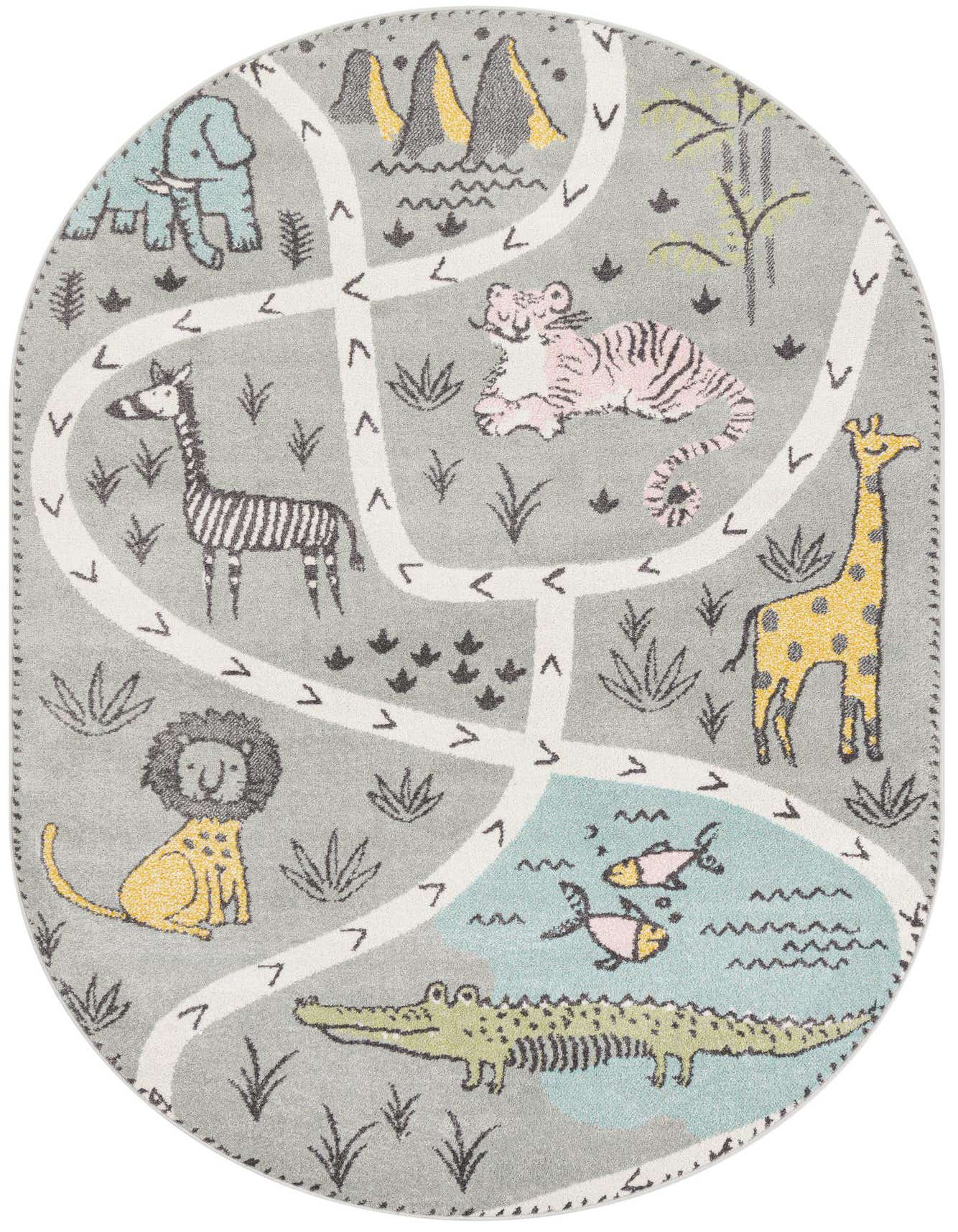 An oval gray kids' rug featuring a safari animal maze with an elephant, zebra, lion, tiger, giraffe, crocodile, and fish.