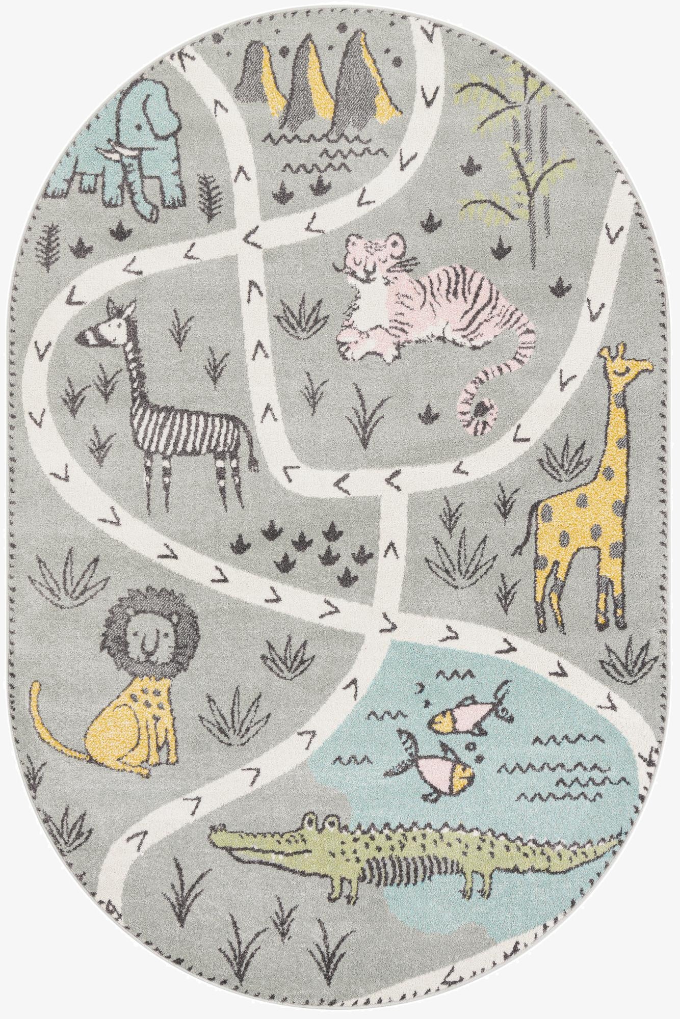  5' 3 x 8' Animals Whimsy Kids Oval Rug