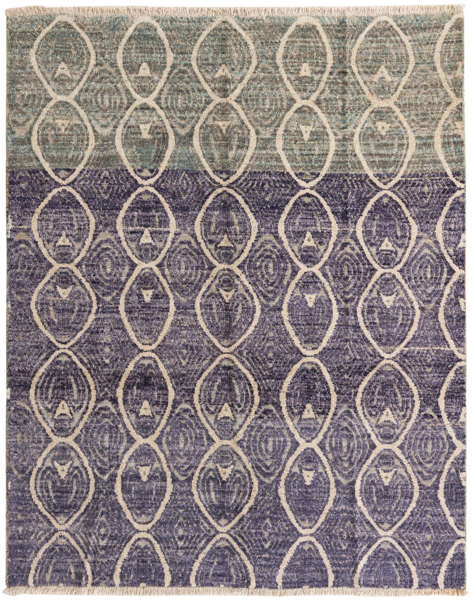 A 5x8 rectangular Darya wool rug featuring a modern abstract pattern in grays, silvers, and purples with a textured pile.