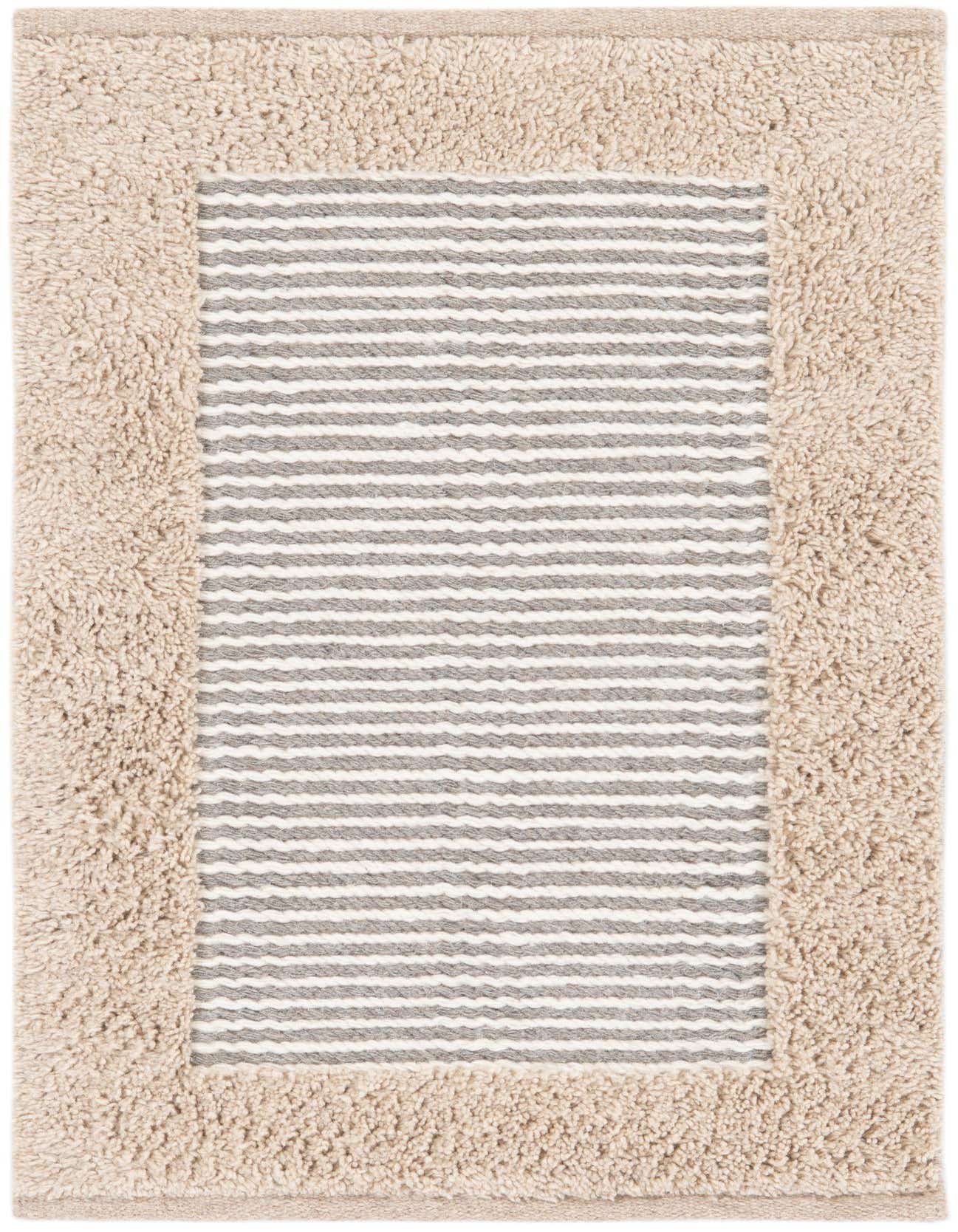 A 2x3 rectangular gray and white striped rug with a thick, plush beige border, suitable for a kitchen or bathroom.
