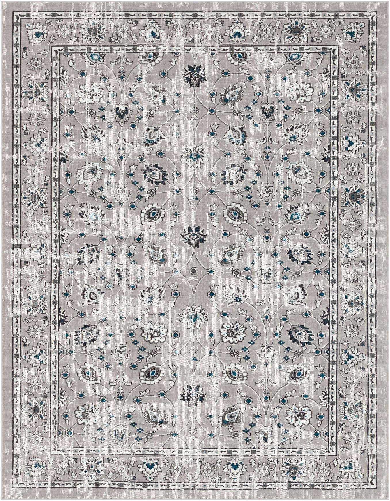 A 6x9 rectangular gray area rug with a distressed traditional botanical pattern in silver, white, and teal, featuring a detailed border.