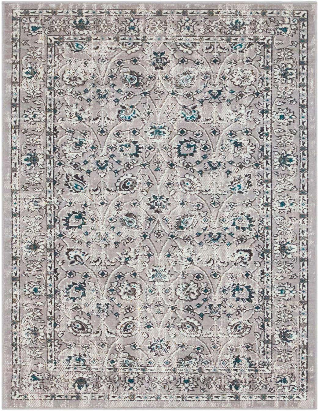 A rectangular 3x5 gray traditional area rug with an intricate floral and medallion pattern in shades of gray, silver, and teal.