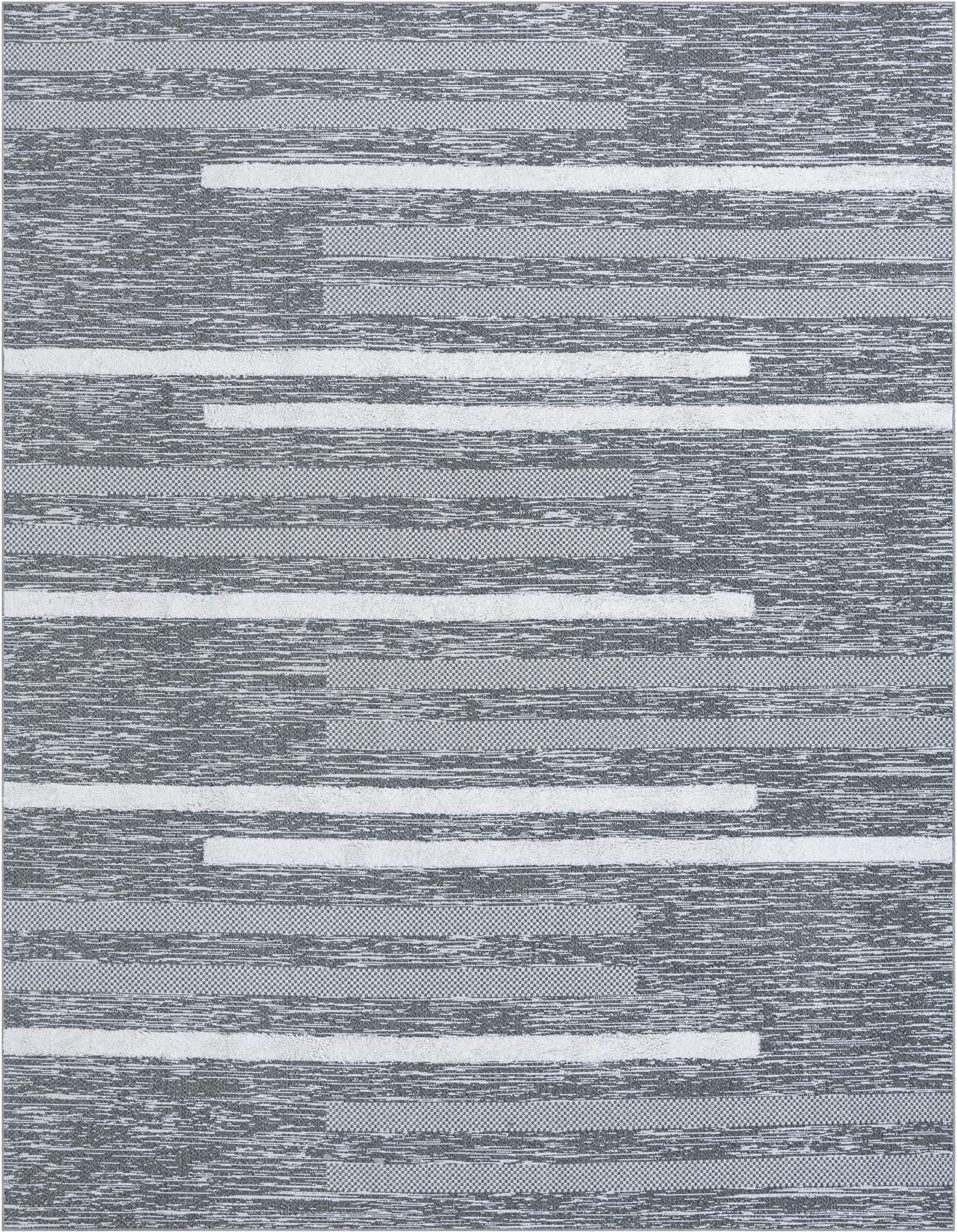 A 10x14 rectangular gray and silver contemporary rug with a textured stripe pattern, featuring high and low pile.