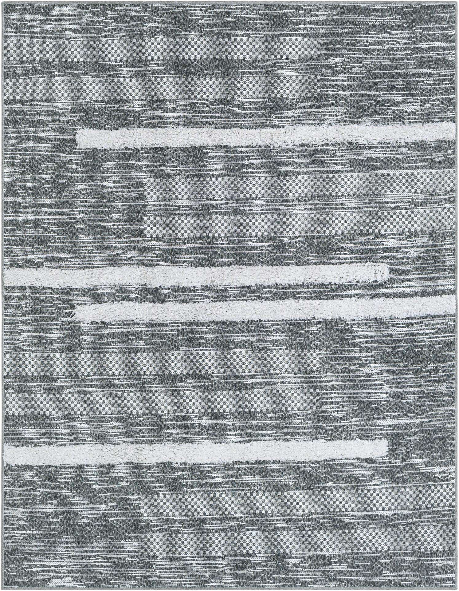 A 4x6 rectangular gray and silver modern area rug with a textured stripe pattern and high/low pile.
