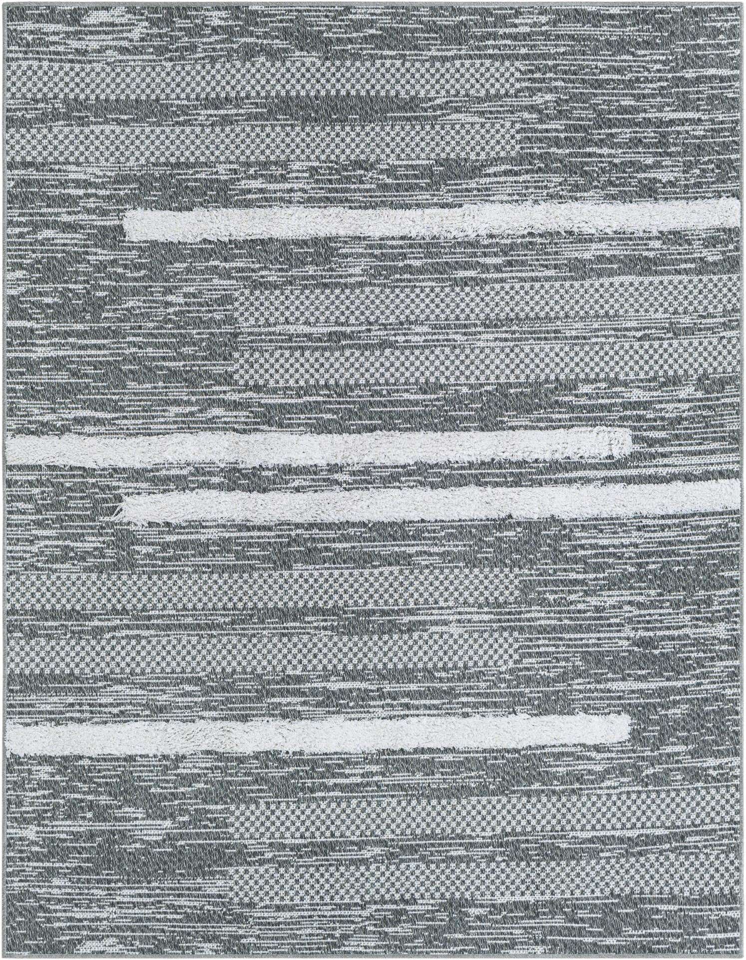 A 5x8 rectangular gray and silver contemporary area rug with a textured stripe pattern and high/low pile.