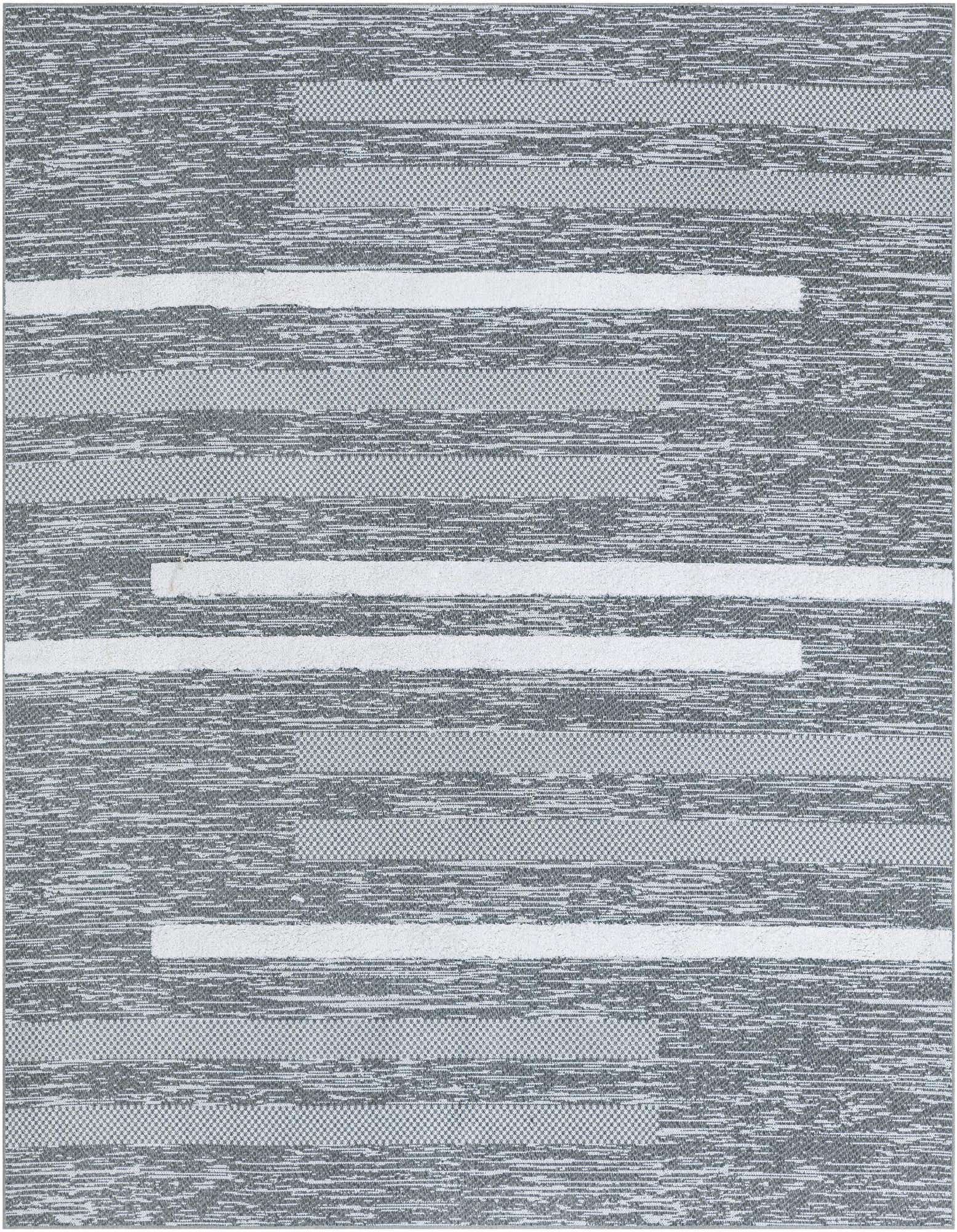 A rectangular 8x10 Abbey Collection rug in shades of gray and silver with a modern stripe pattern and textured high/low pile.