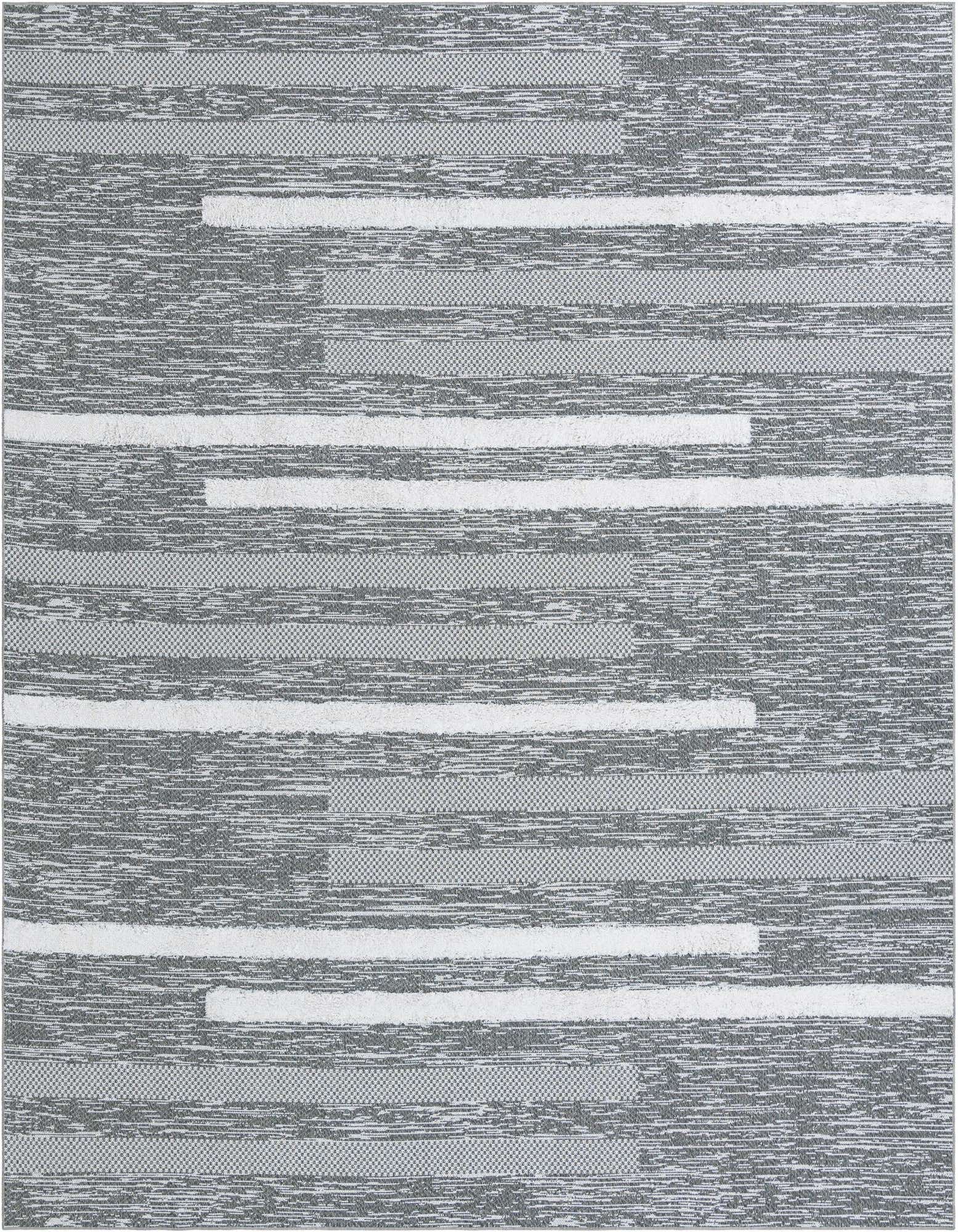 A 9x12 rectangular gray and silver modern area rug with alternating high and low pile stripes.